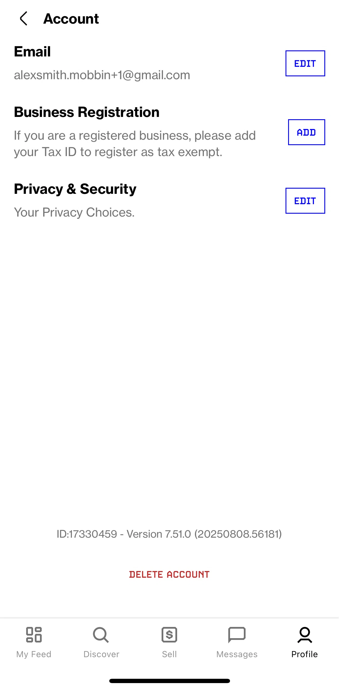 Grailed Screen screen in the Deleting an account flow