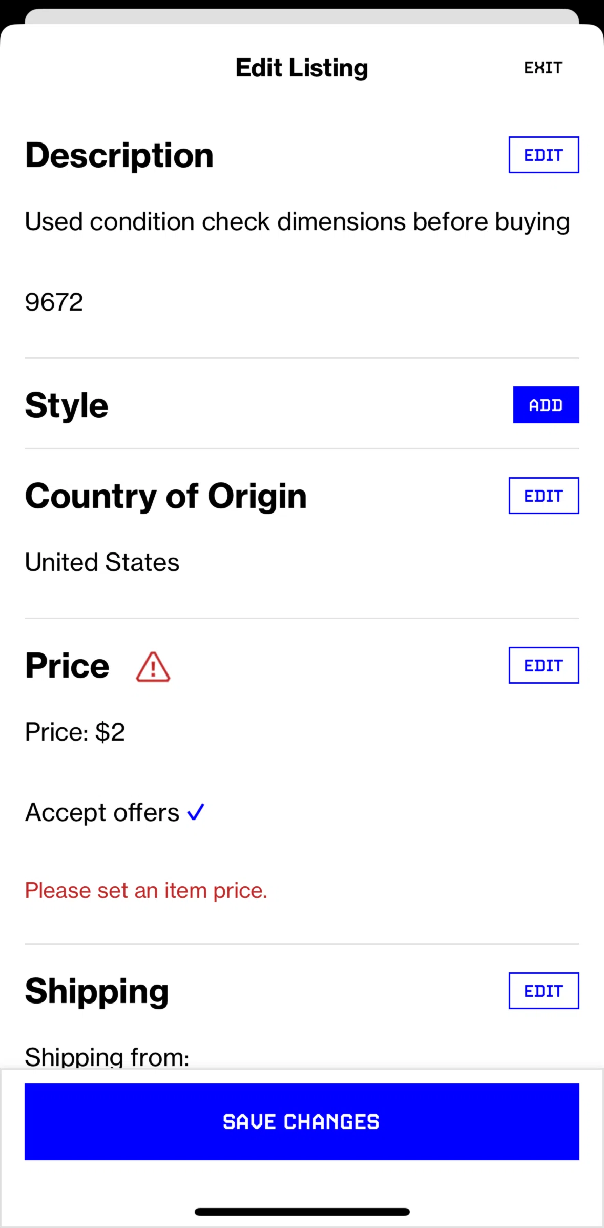 Grailed Screen screen in the Editing a price flow