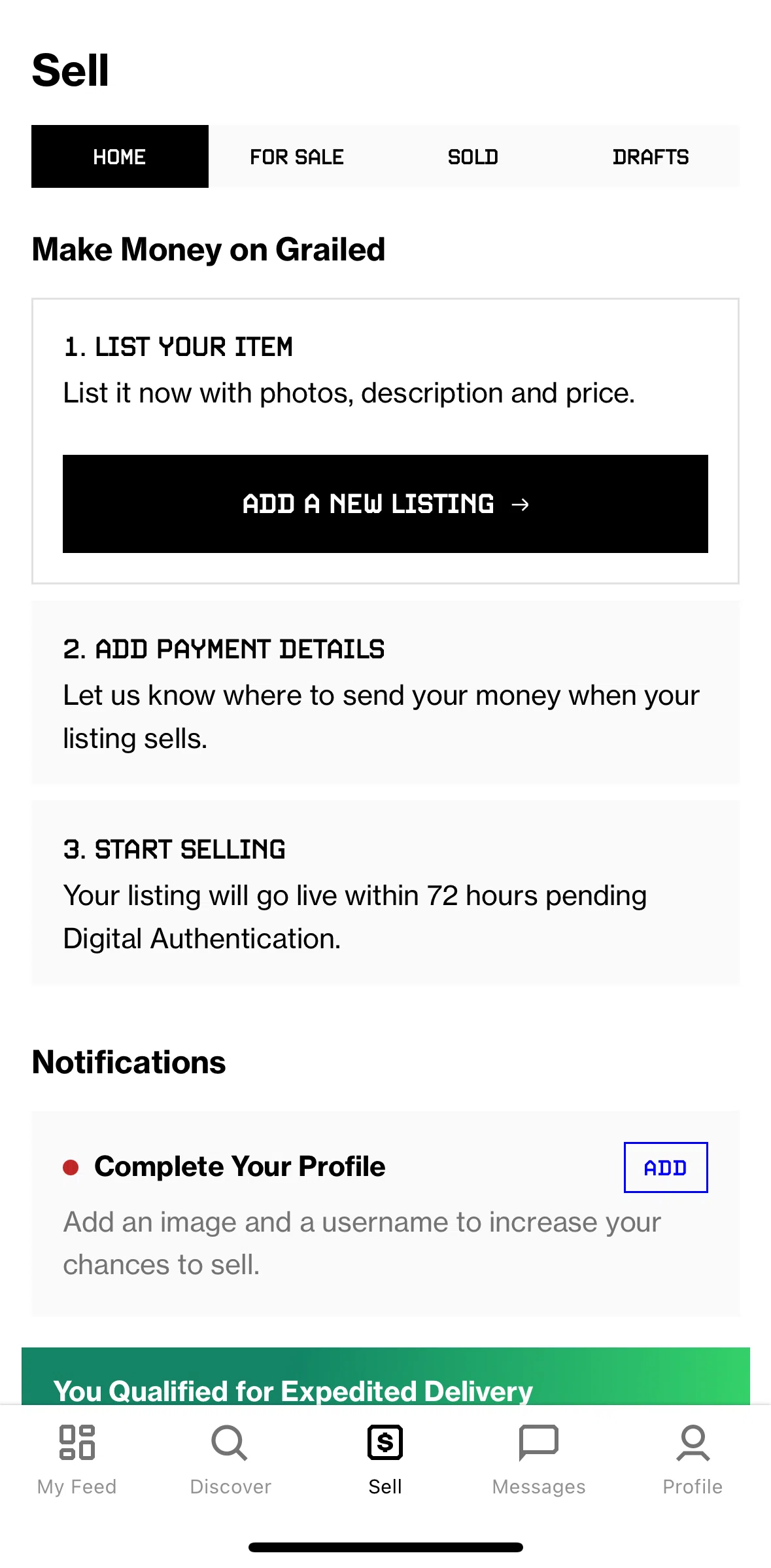 Grailed Screen screen in the For sale flow