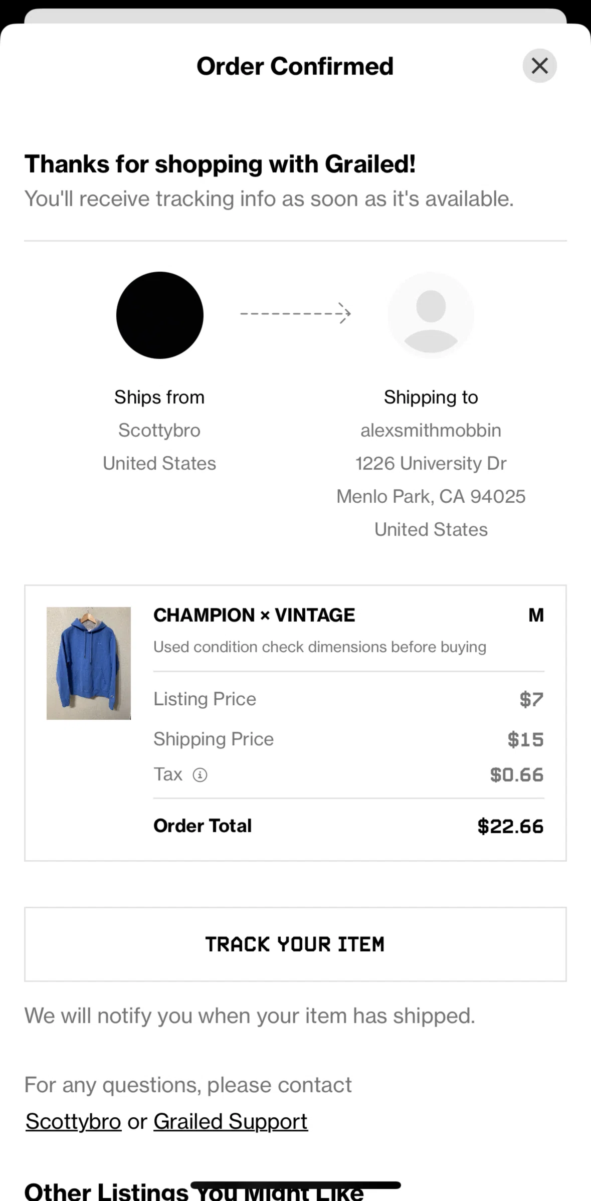 Grailed Screen screen in the Order details flow