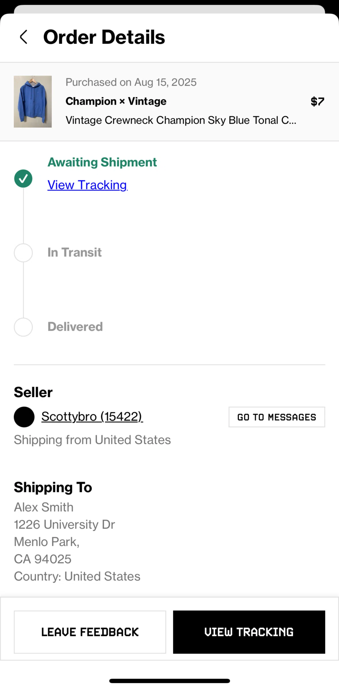 Grailed Screen screen in the Rating an order flow