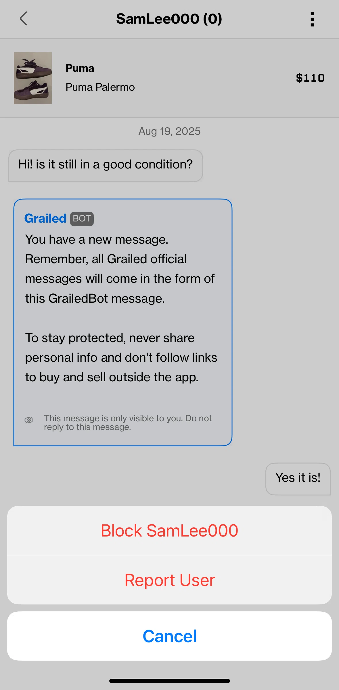 Grailed Screen screen in the Reporting a user flow