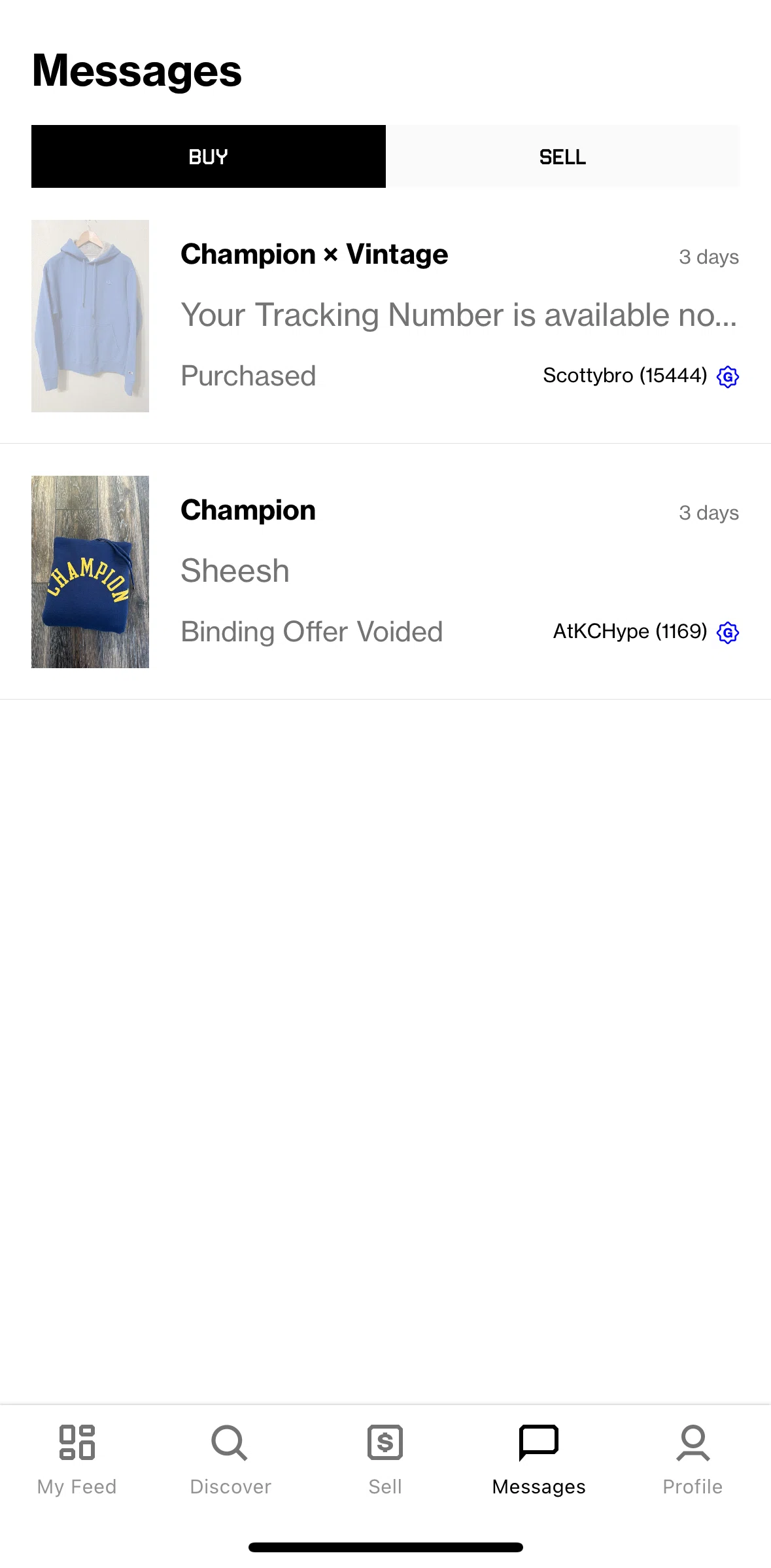 Grailed Screen screen in the Sending a message flow