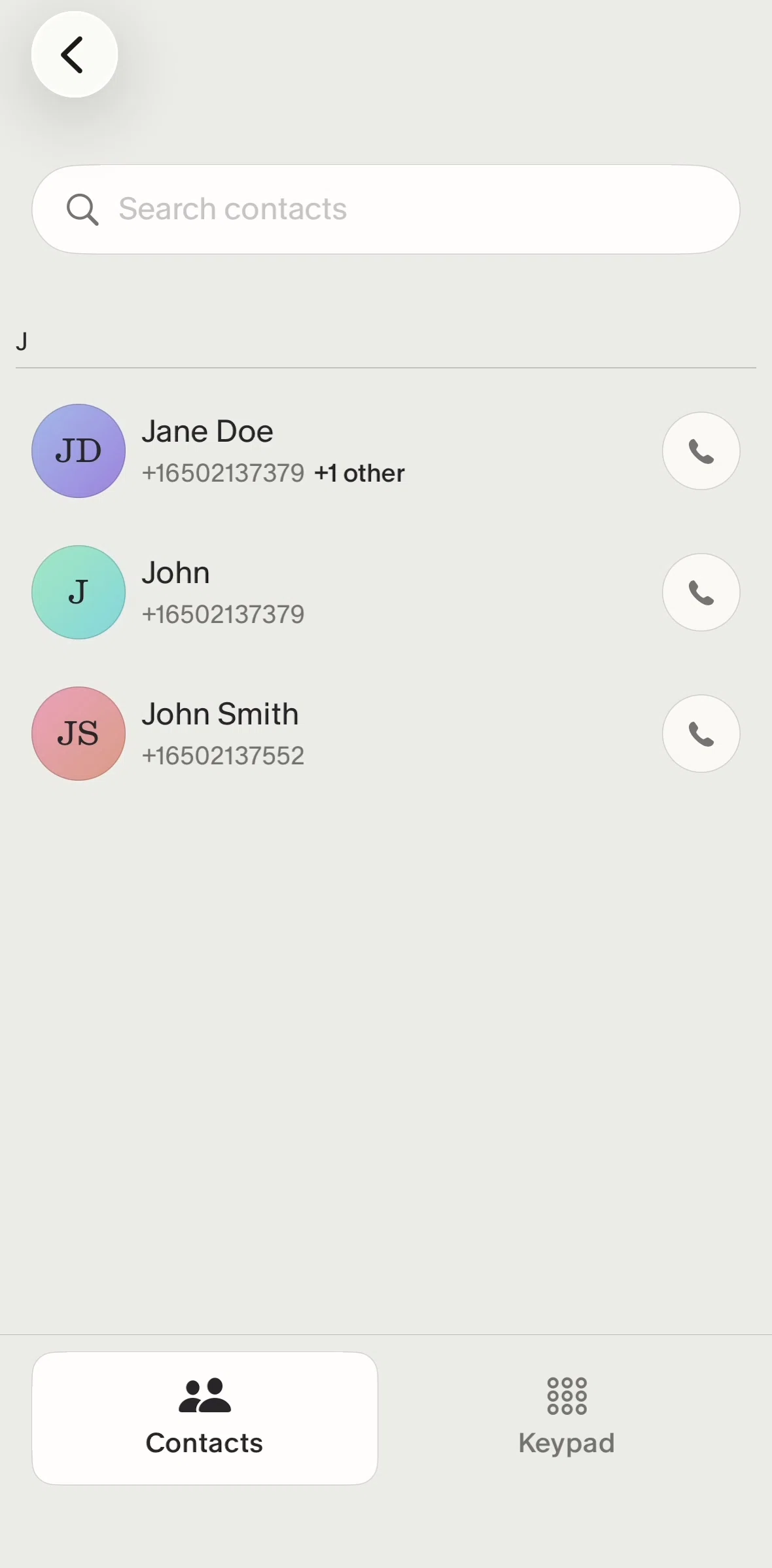 Granola Screen screen in the Calling a contact (keypad) flow