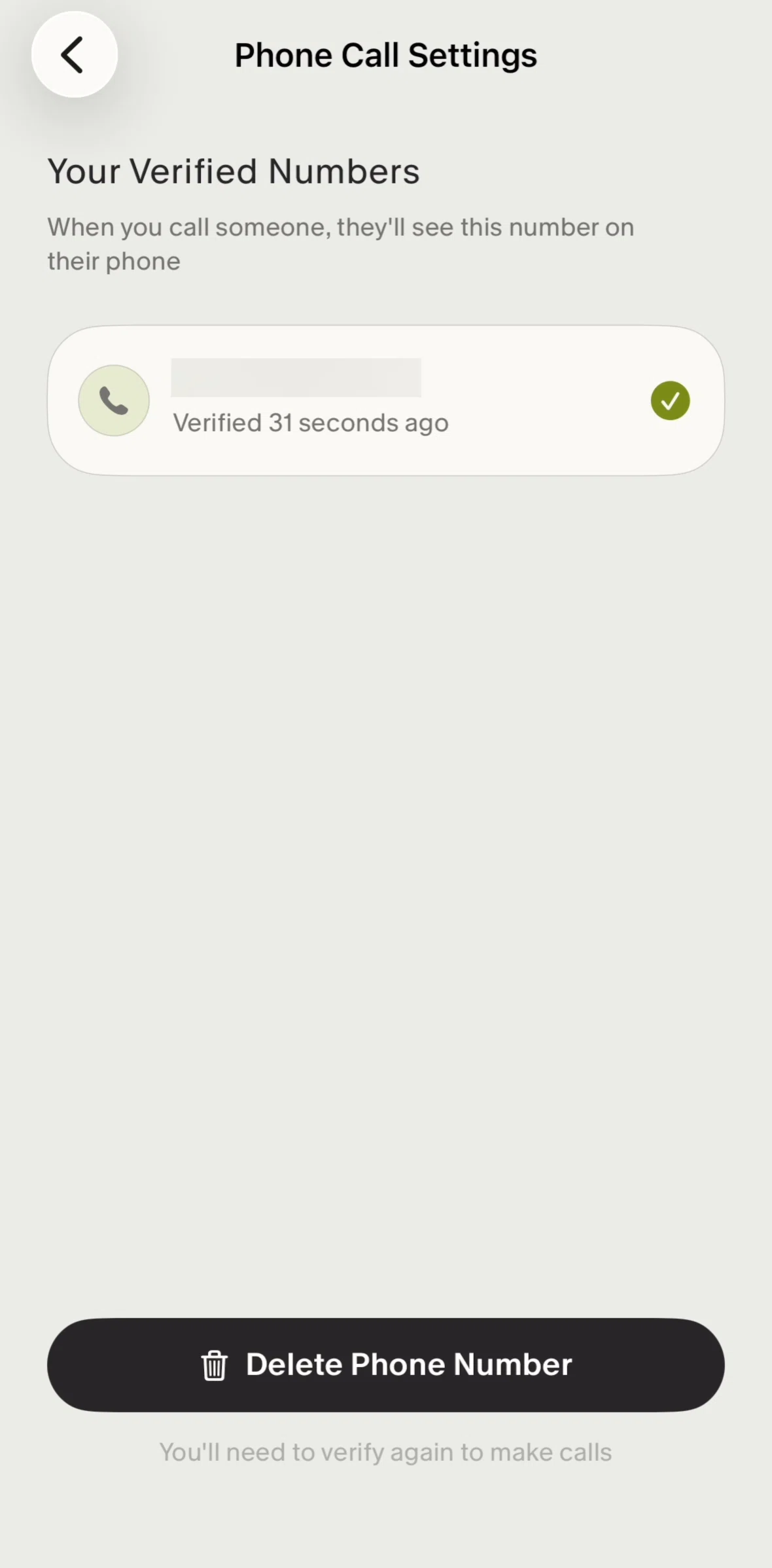 Granola Screen screen in the Deleting a phone number flow