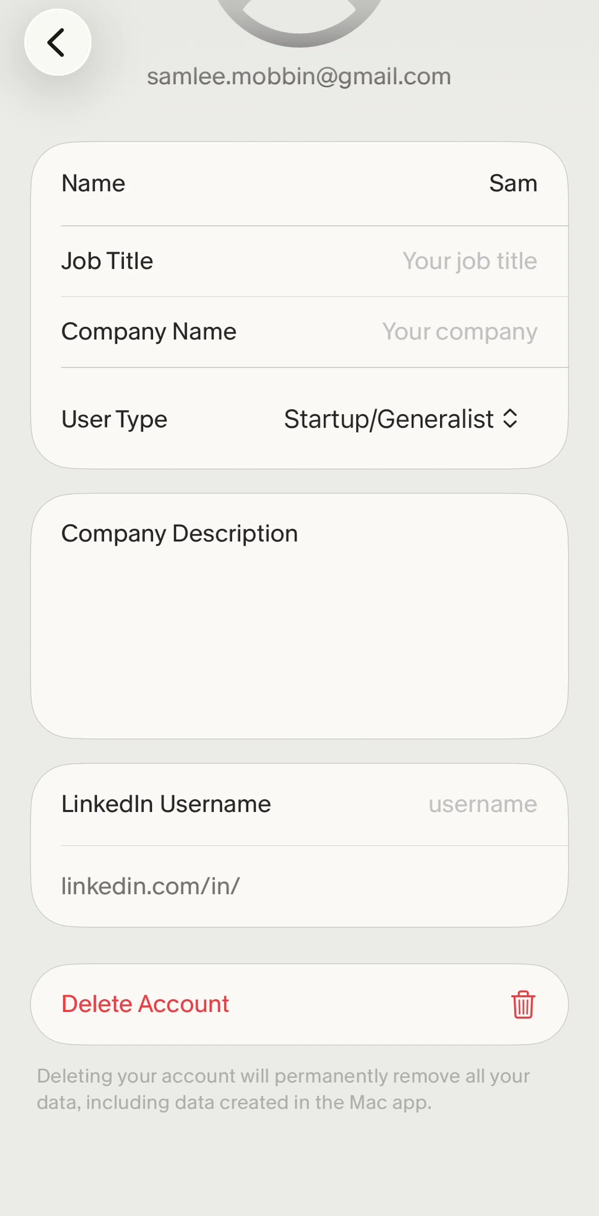 Granola Screen screen in the Deleting account flow