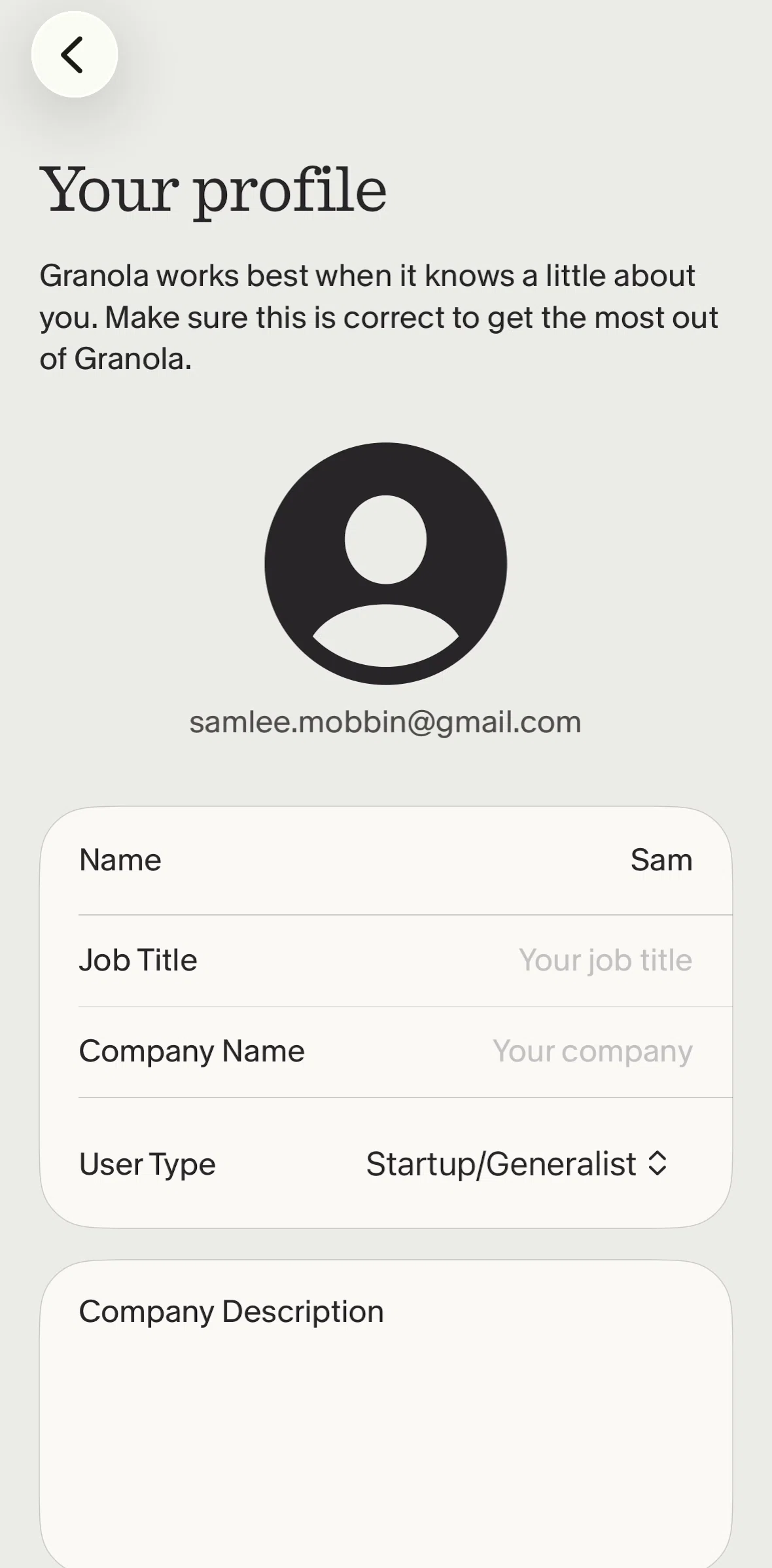 Granola Screen screen in the Editing profile flow