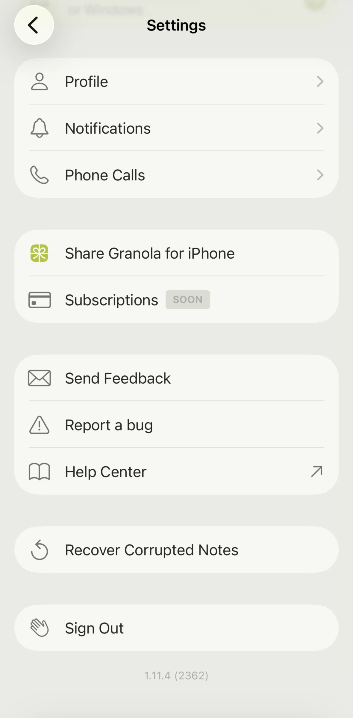 Granola Screen screen in the Logging out flow