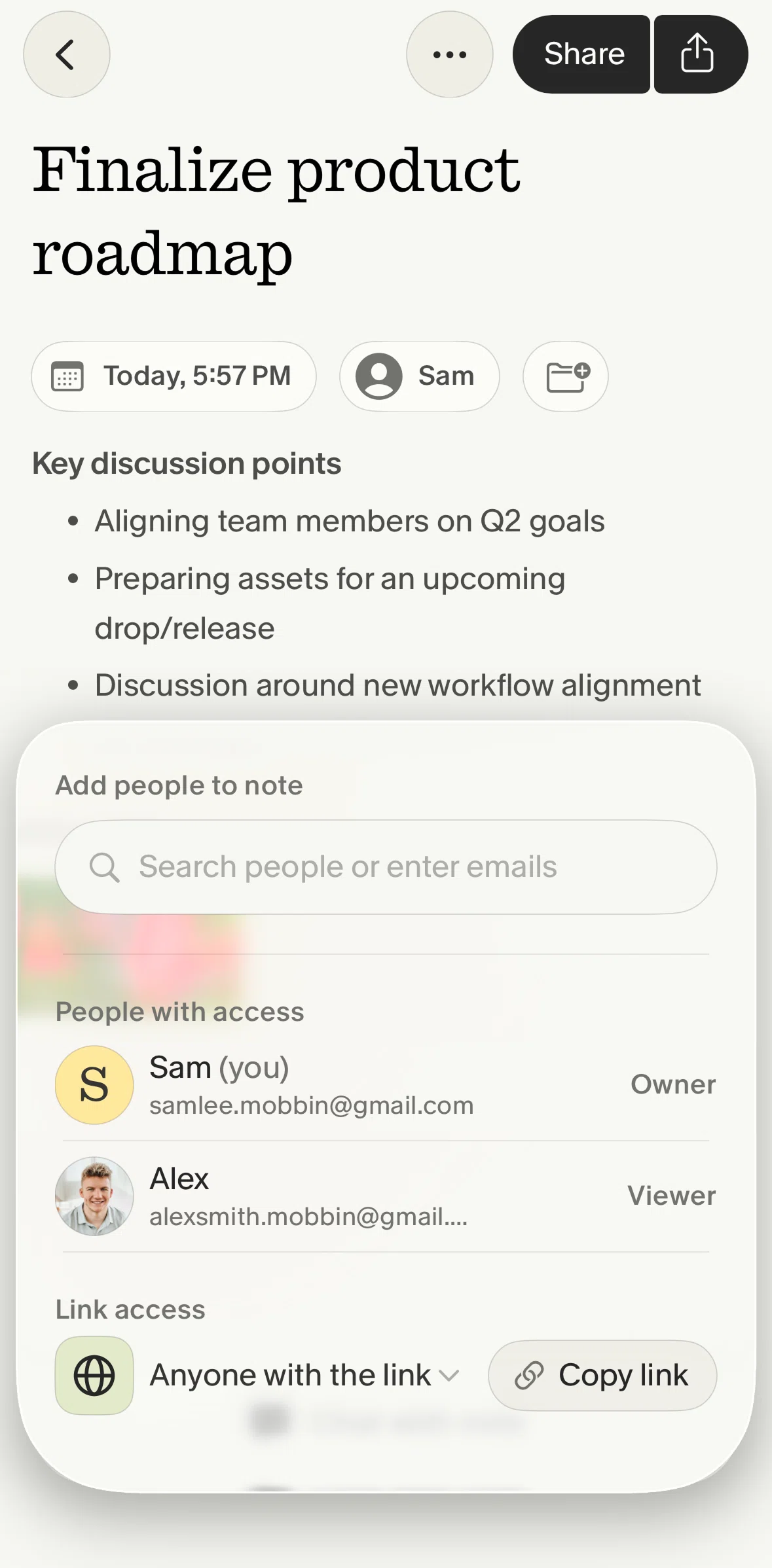 Granola Screen screen in the Making a user a collaborator flow