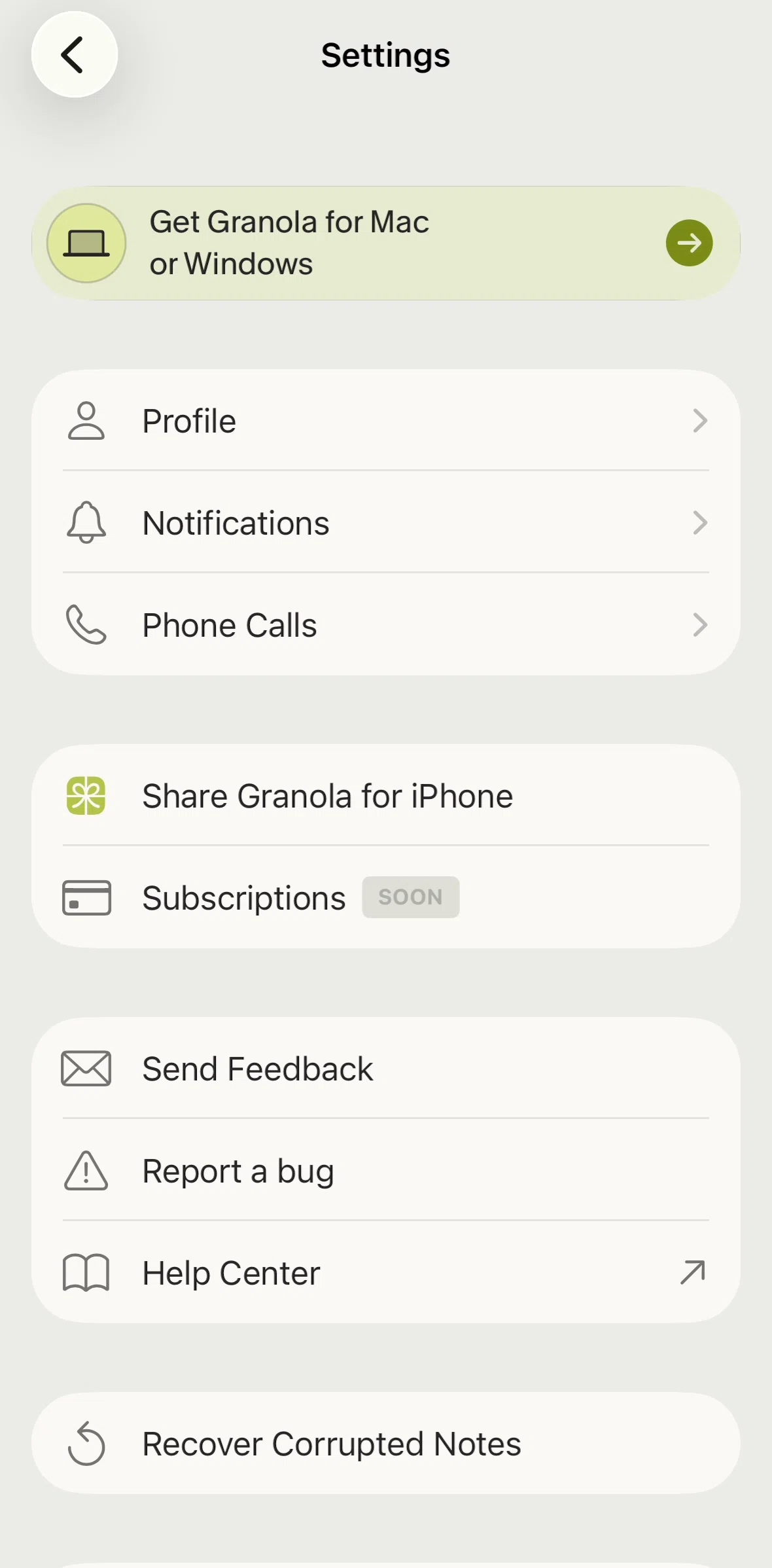 Granola Screen screen in the Phone calls flow