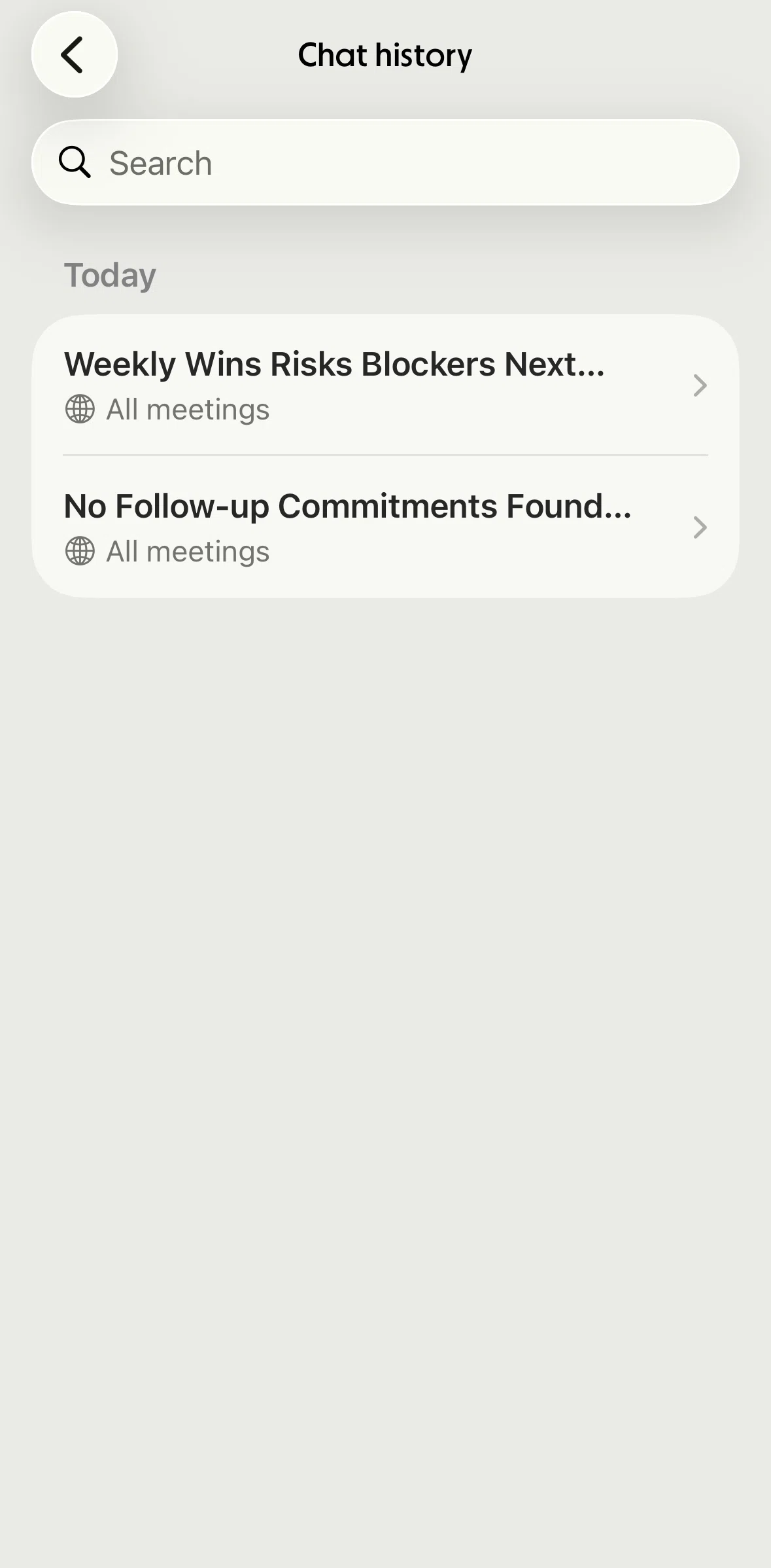 Granola Screen screen in the Searching chat history flow