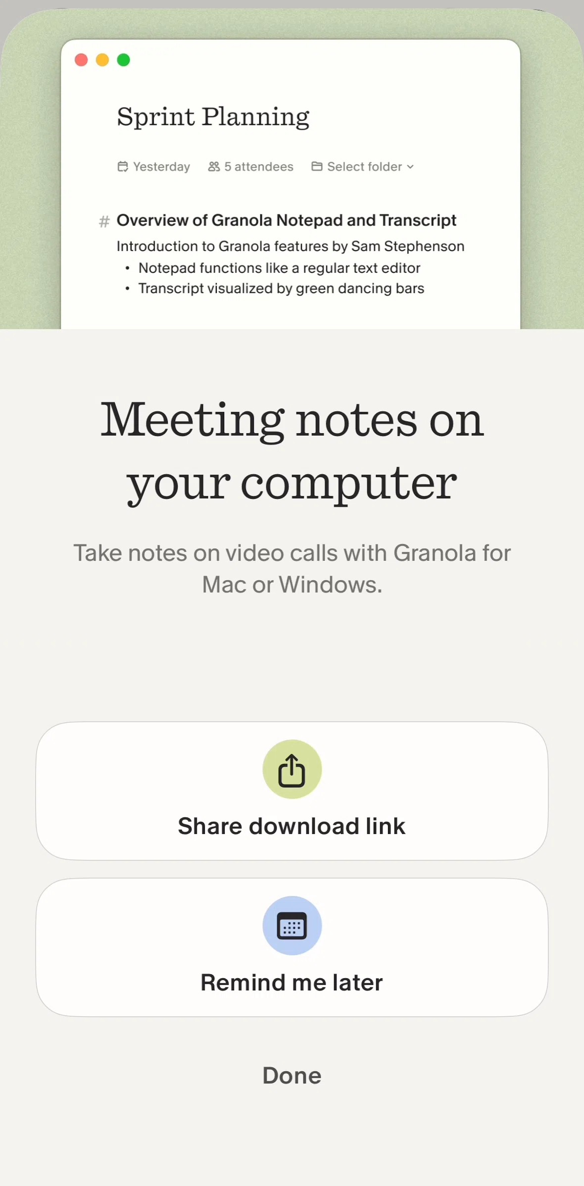 Granola Screen screen in the Setting a reminder flow
