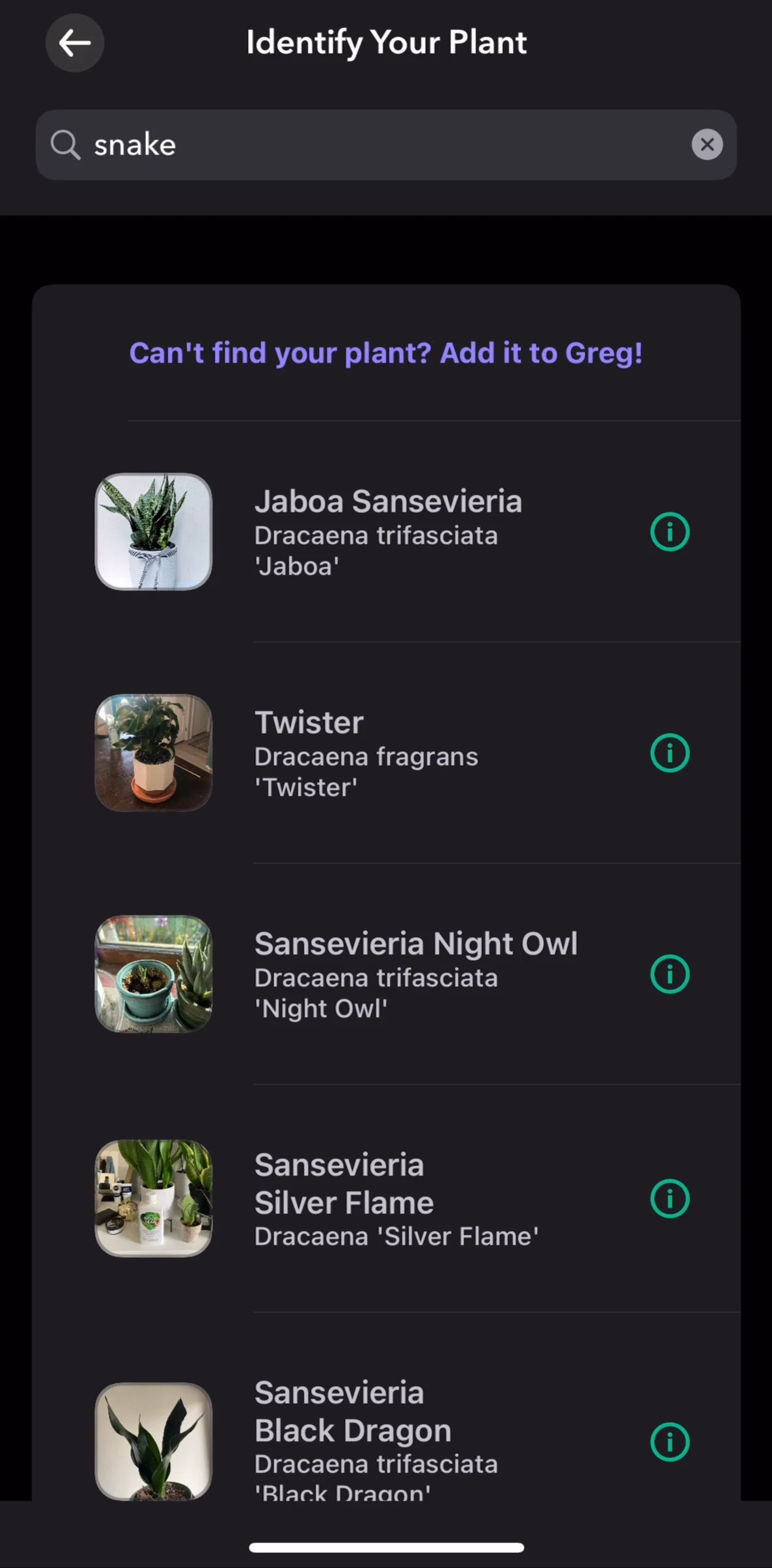 Greg Screen screen in the Plant information (search) flow