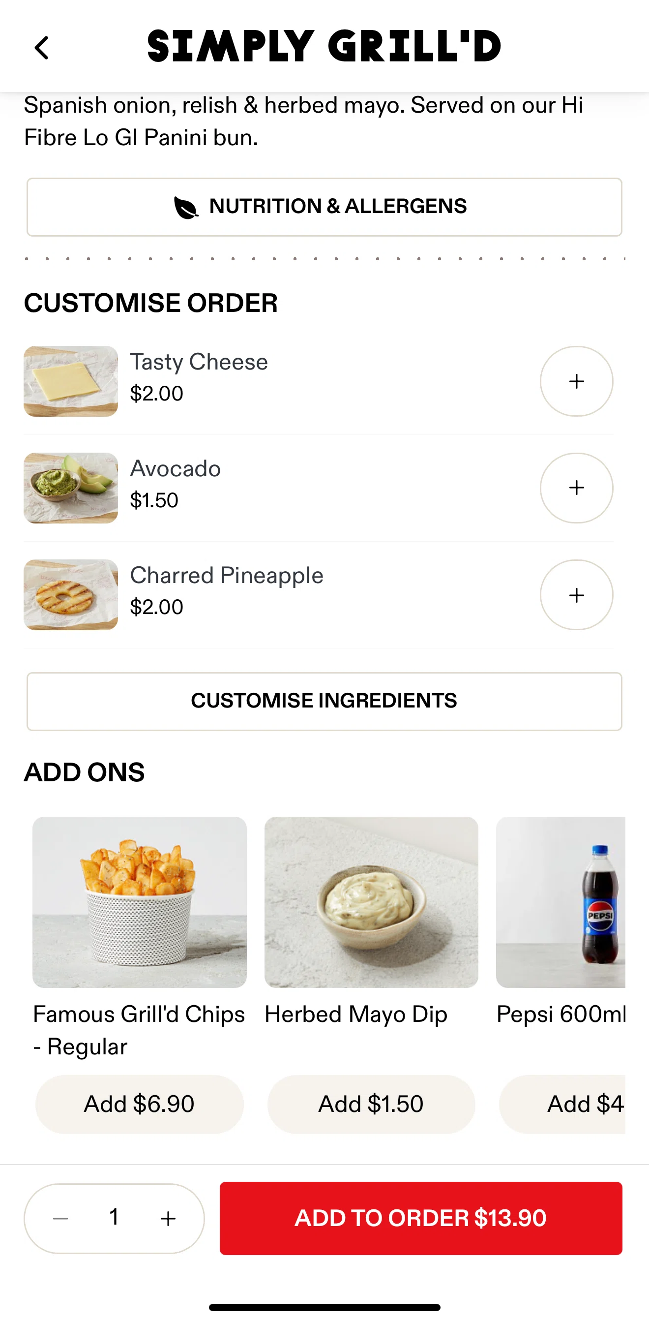 Grill'd Screen screen in the Adding to cart flow