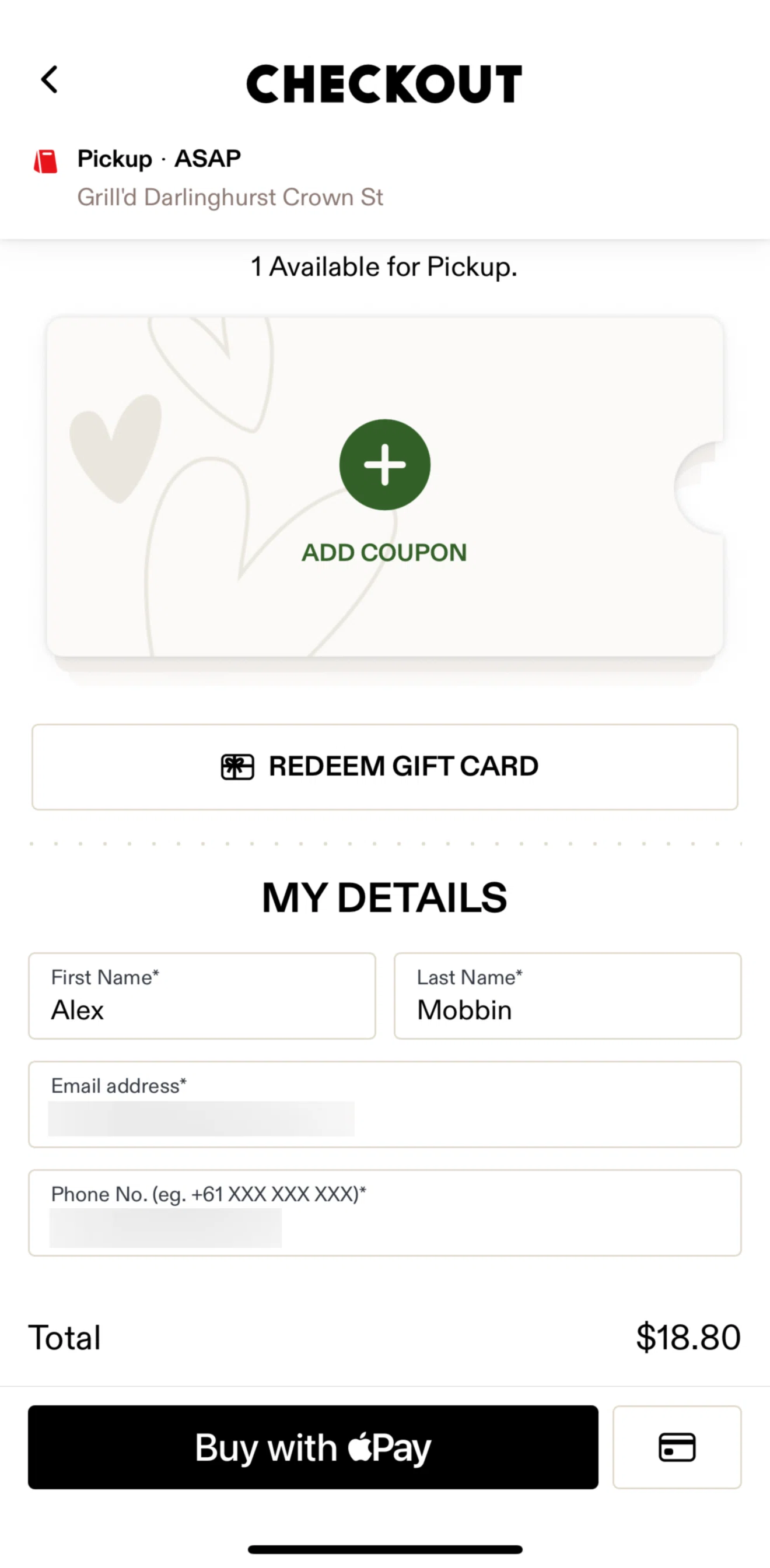 Grill'd Screen screen in the Redeeming a coupon flow