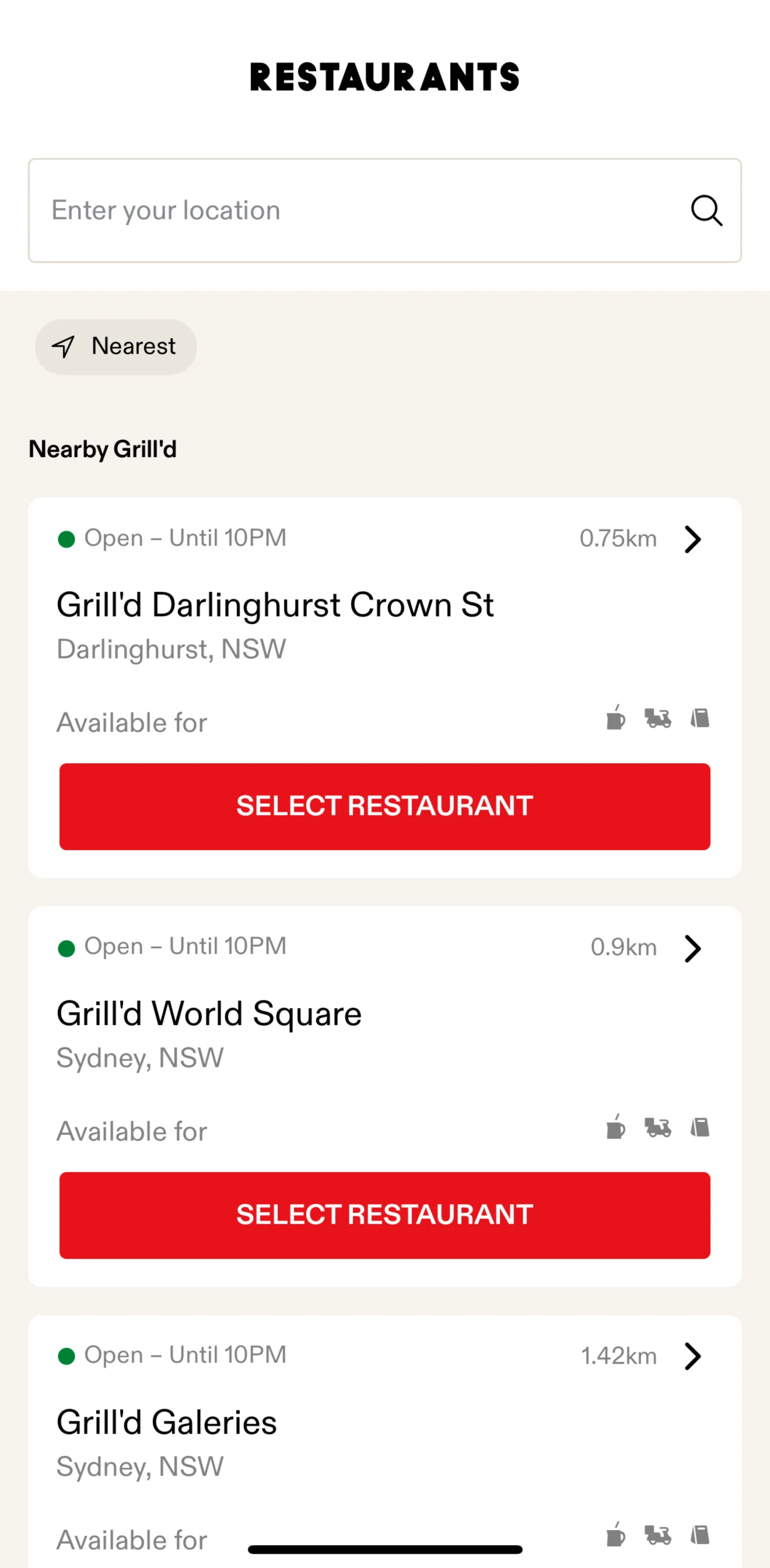 Grill'd Screen screen in the Restaurant detail flow