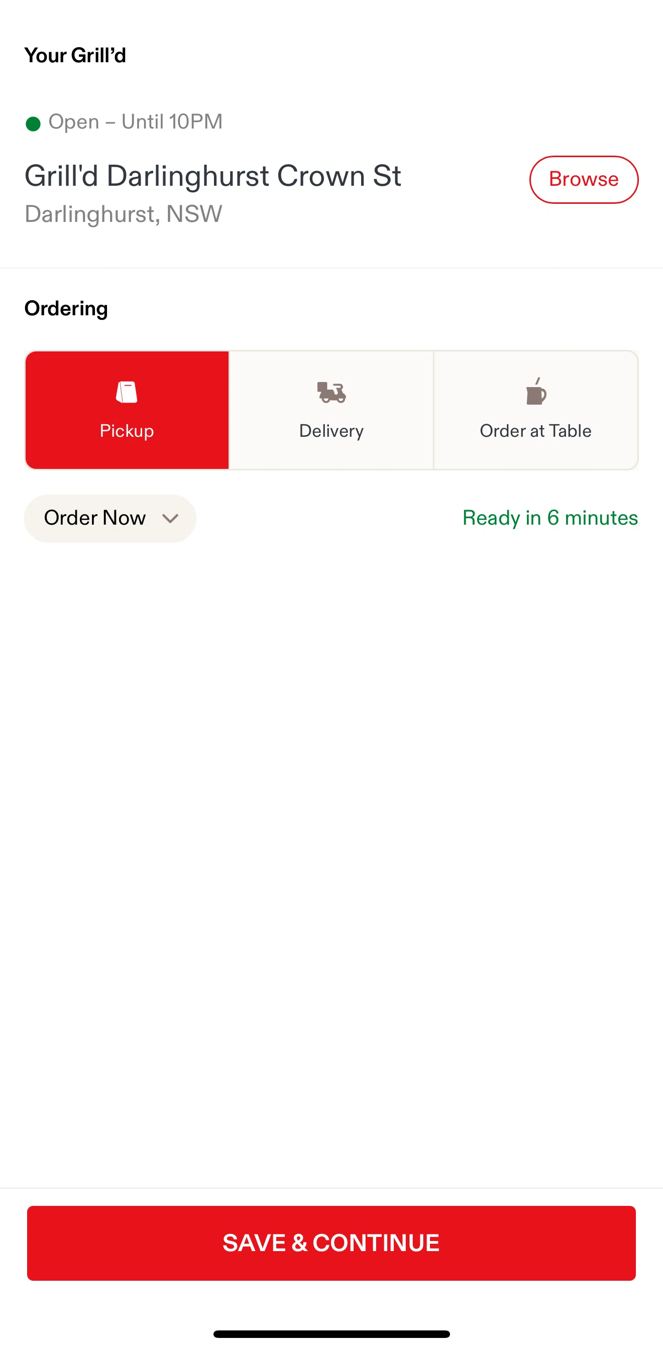 Grill'd Screen screen in the Schedule a delivery order flow