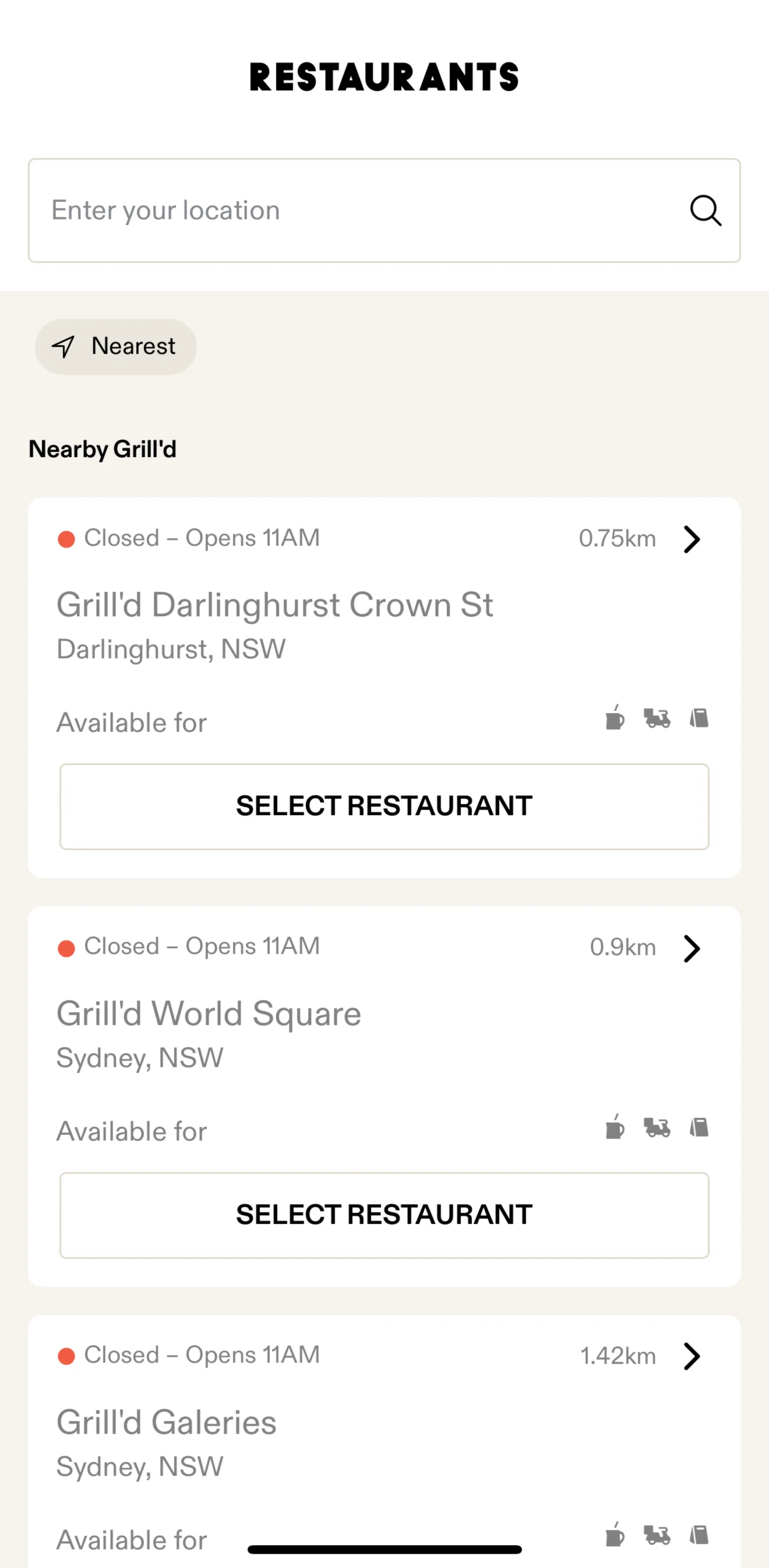 Grill'd Screen screen in the Selecting a restaurant (closed) flow