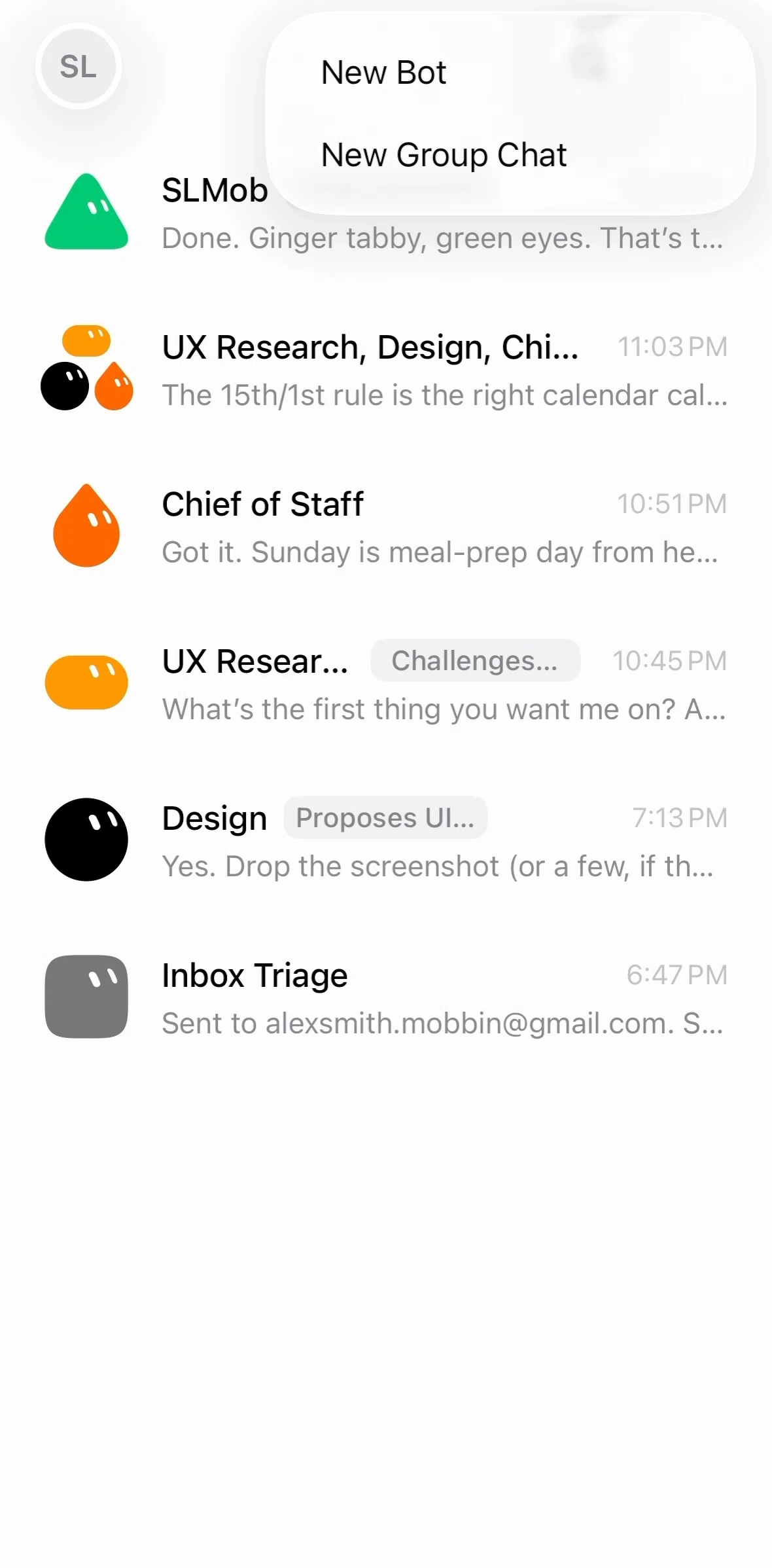Grok Bot Screen screen in the Creating a group chat flow