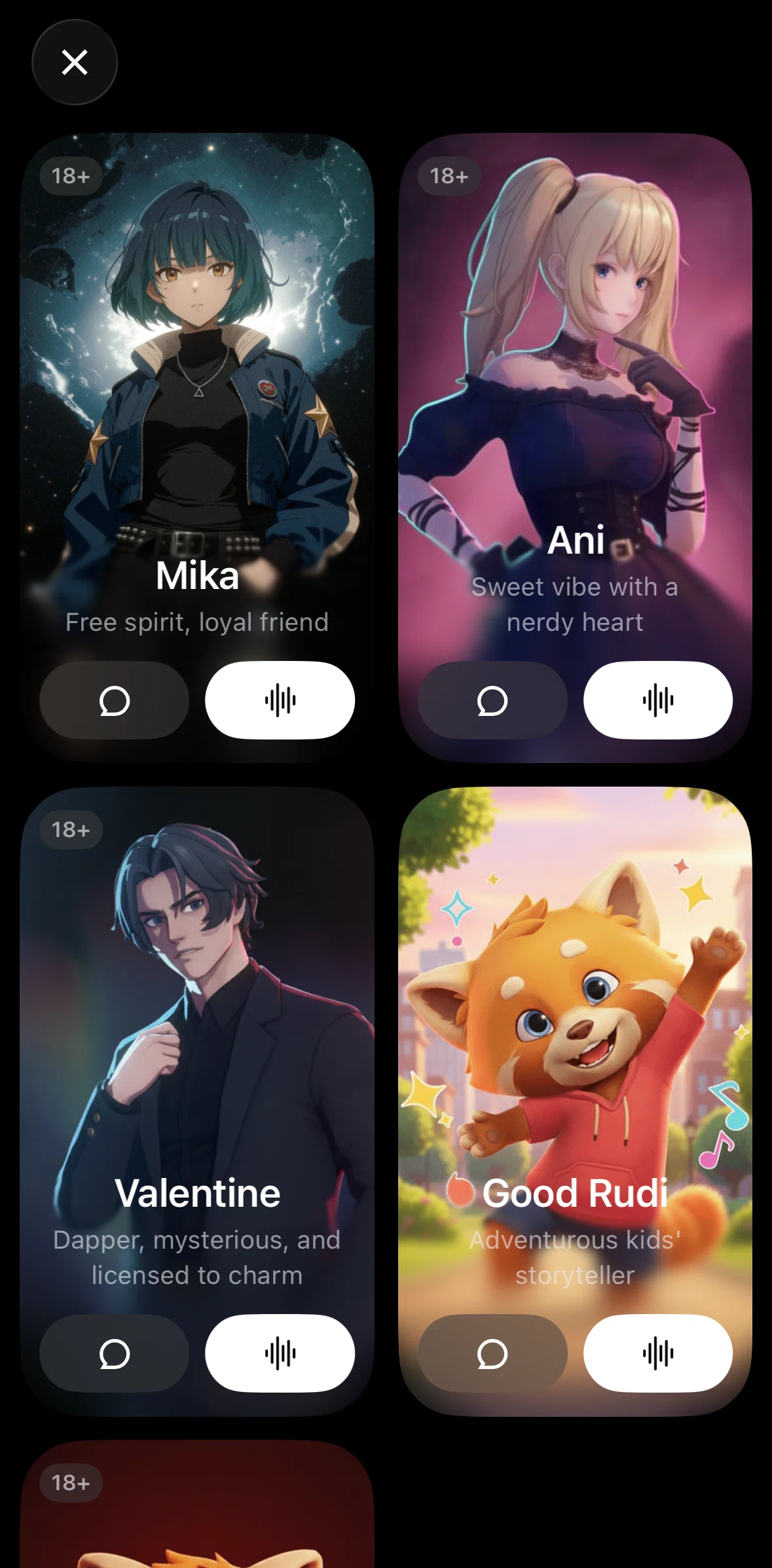 Grok Screen screen in the Chatting with a companion (speak) flow