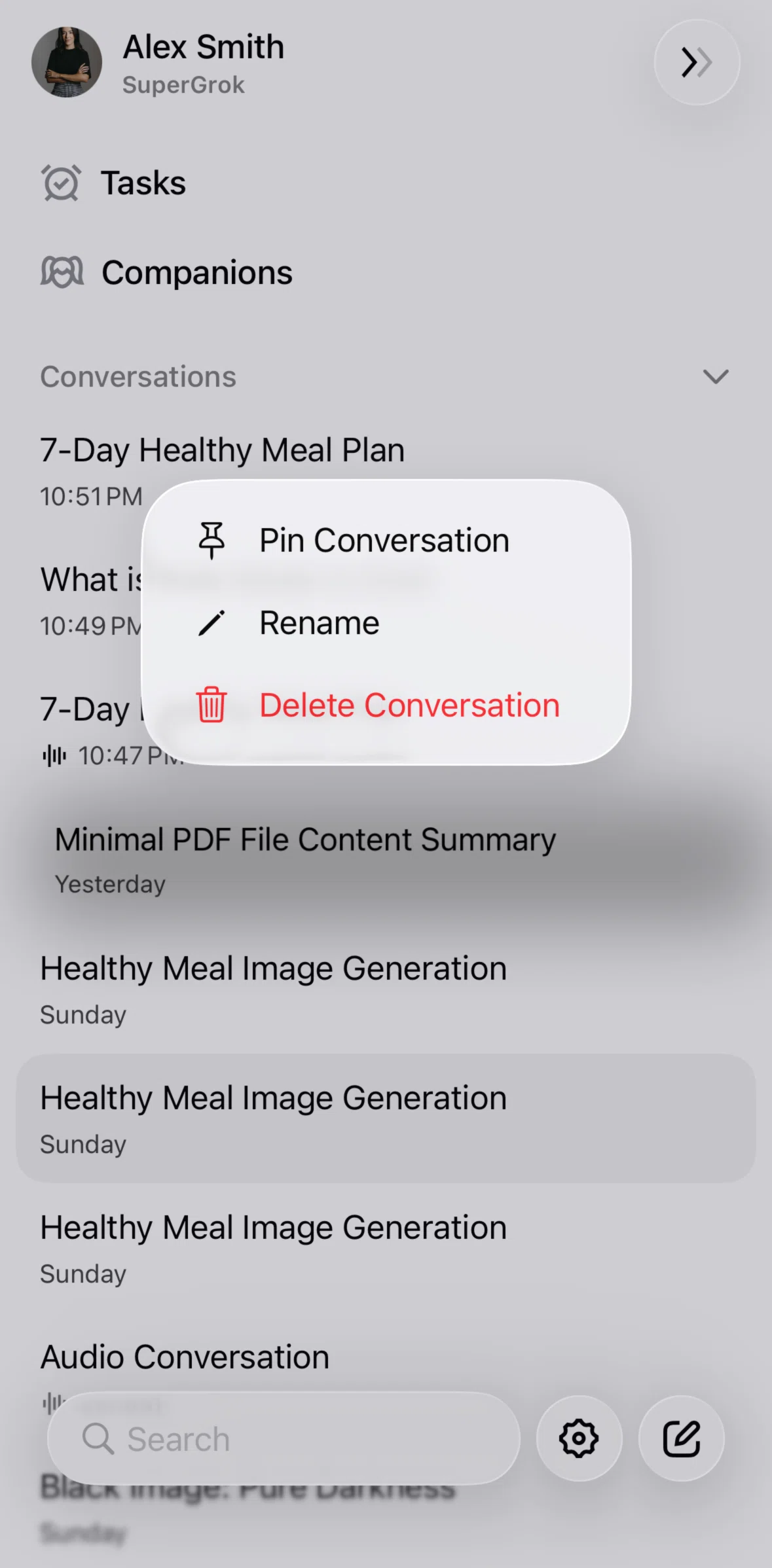 Grok Screen screen in the Deleting a conversation flow