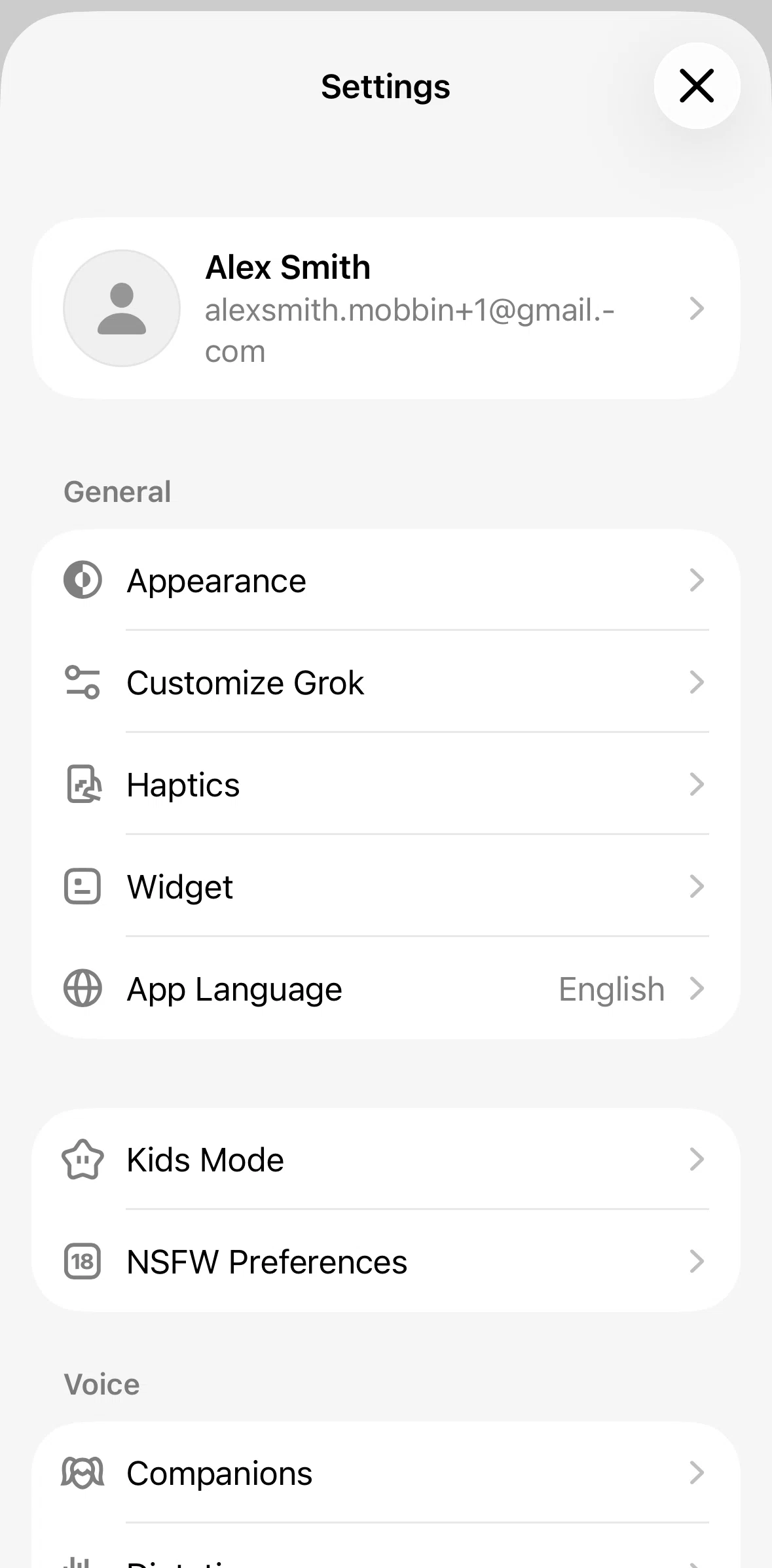 Grok Screen screen in the Editing profile flow