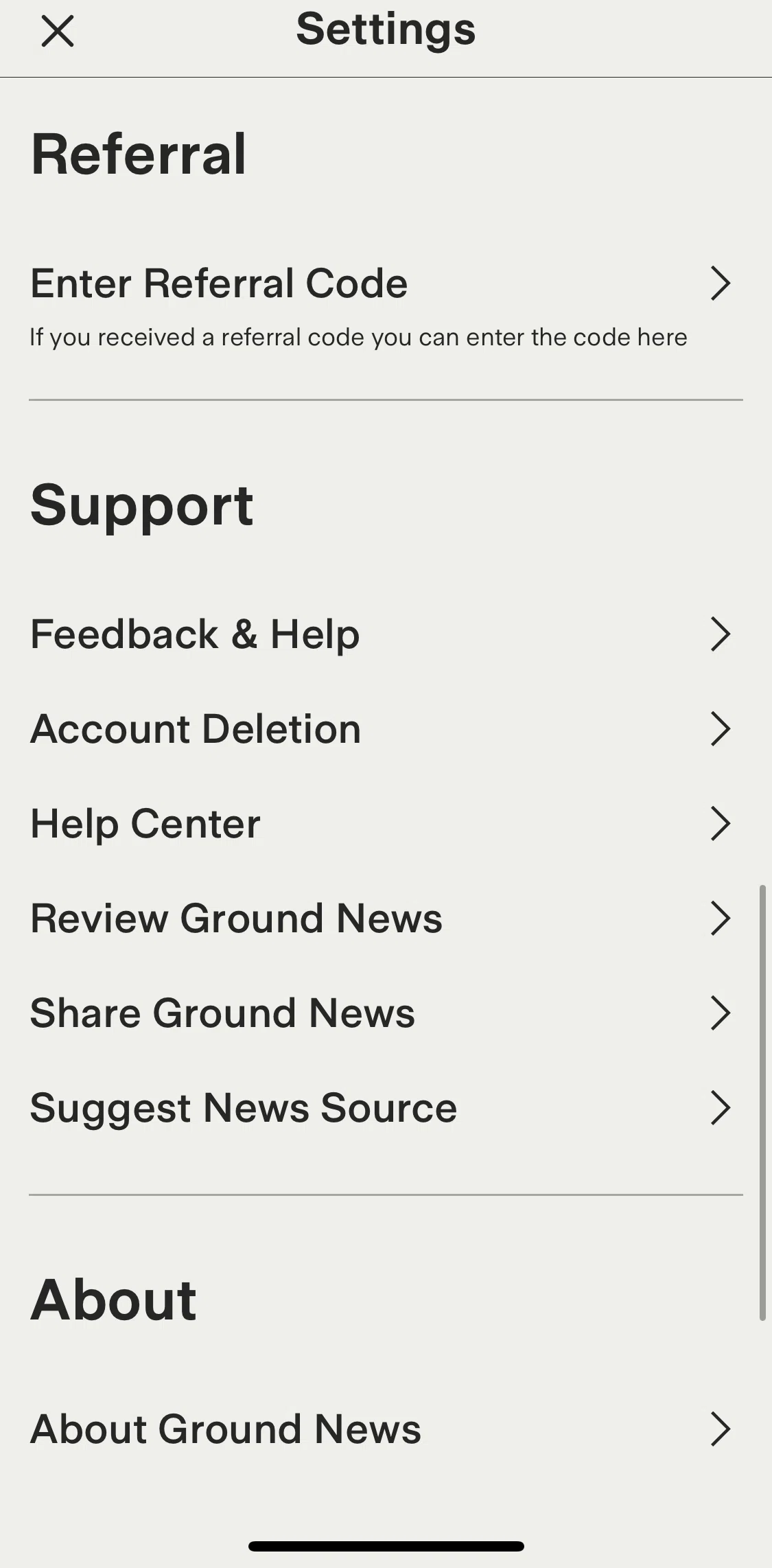 Ground News Screen screen in the Requesting account deletion flow
