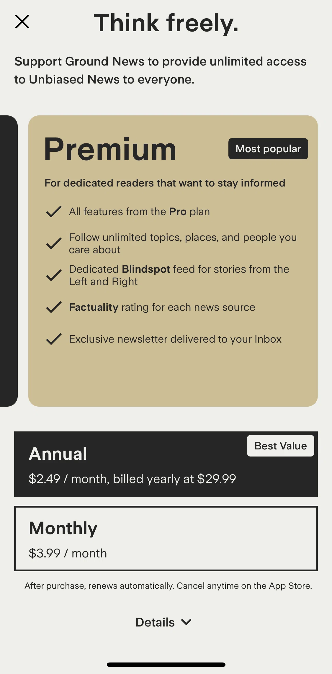 Ground News Screen screen in the Subscribing to Premium Monthly flow