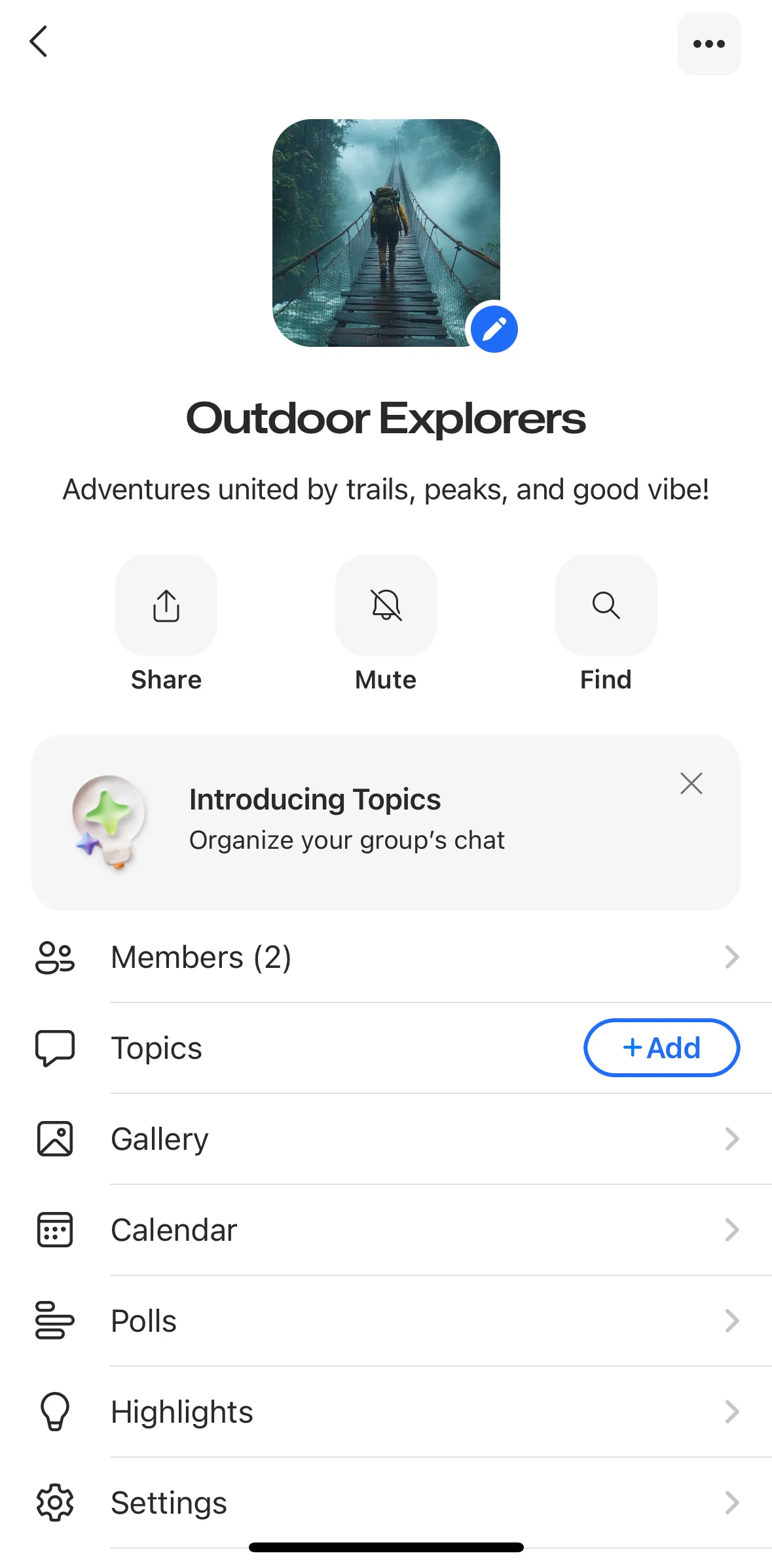 GroupMe Screen screen in the Creating a topic flow