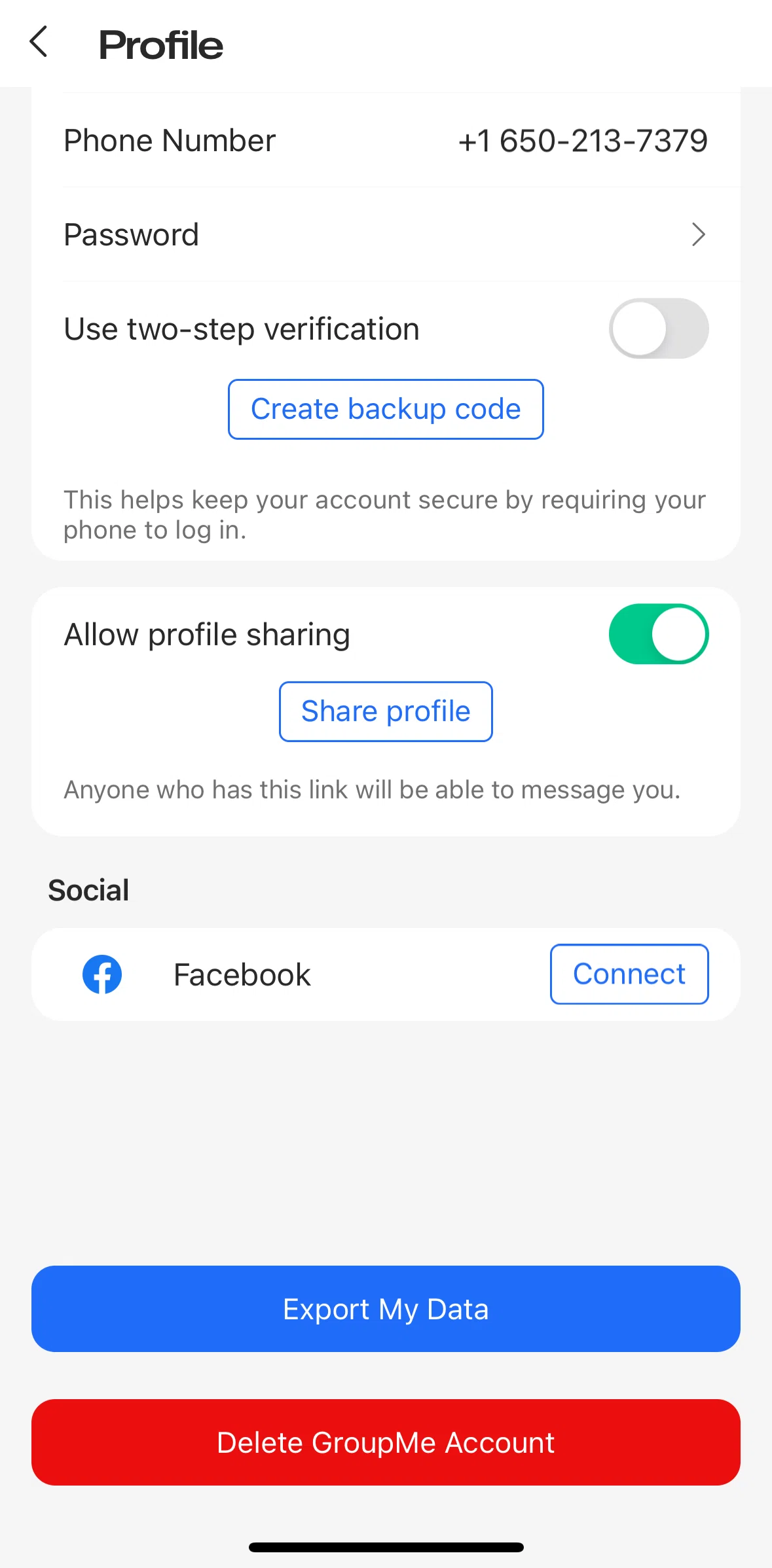 GroupMe Screen screen in the Deleting an account flow
