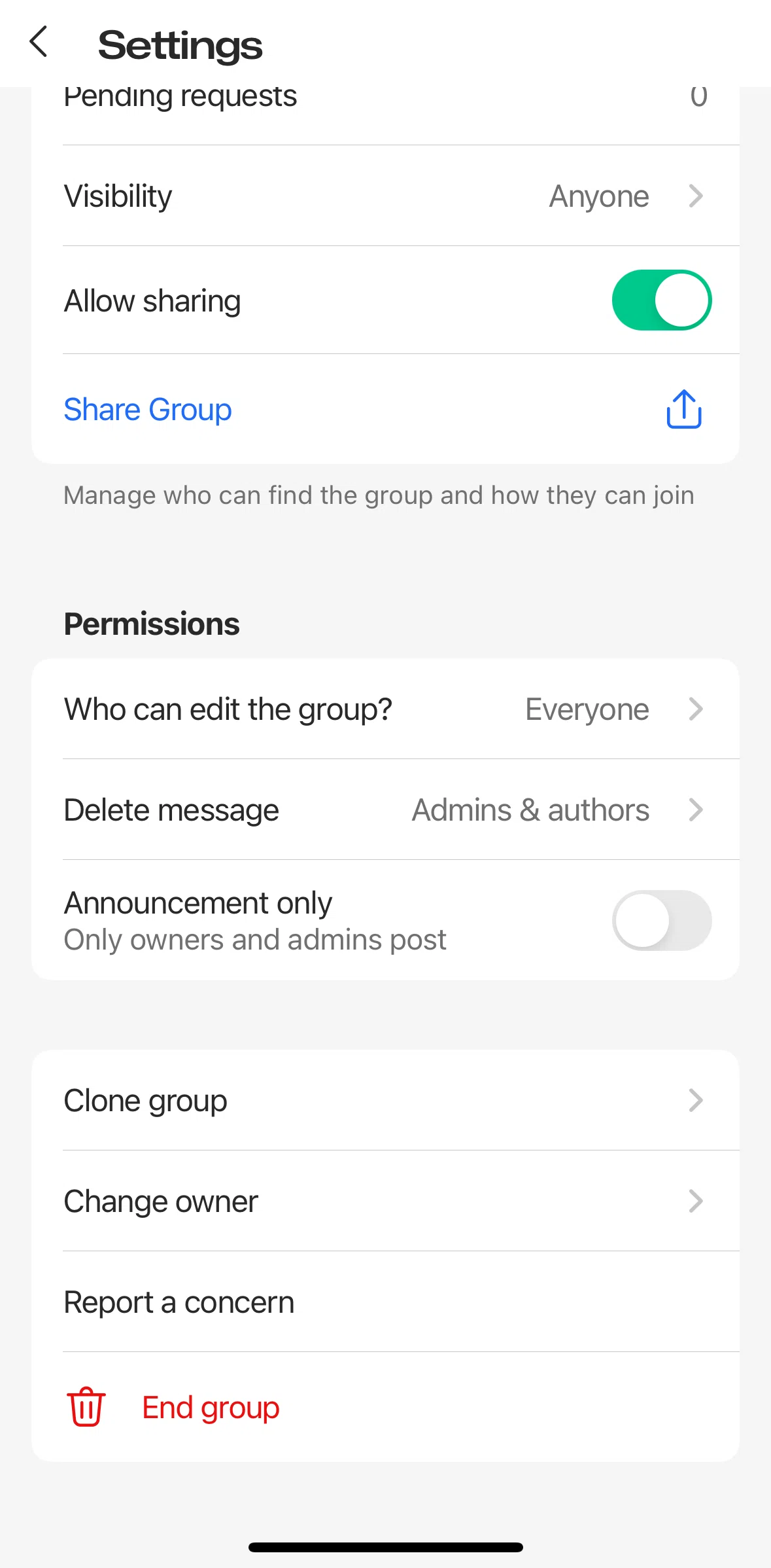 GroupMe Screen screen in the Editing permissions flow