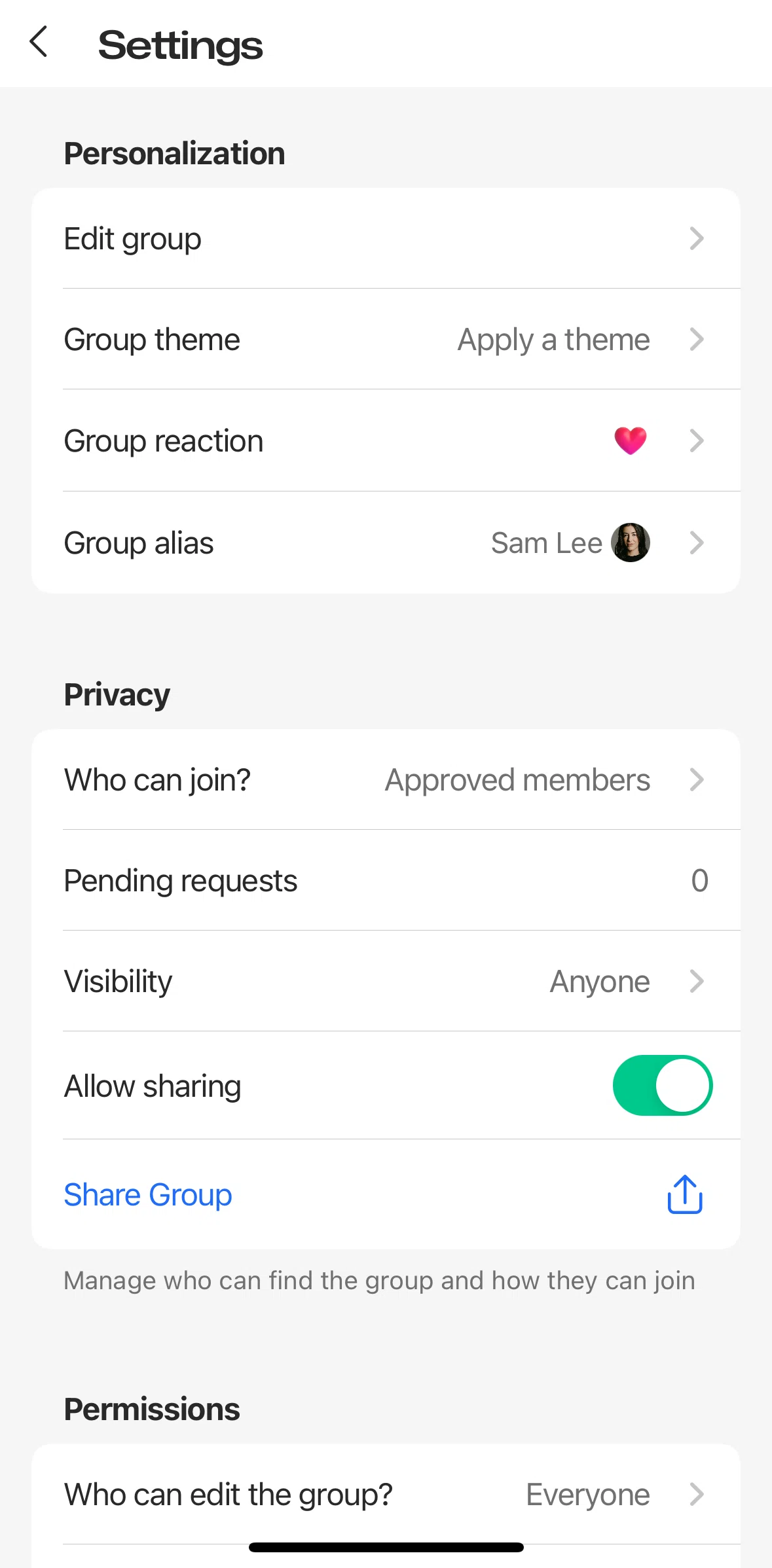 GroupMe Screen screen in the Group alias flow