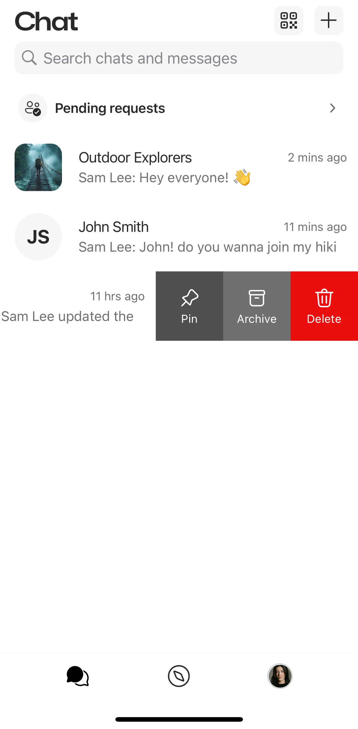 GroupMe Screen screen in the Pinning a chat flow