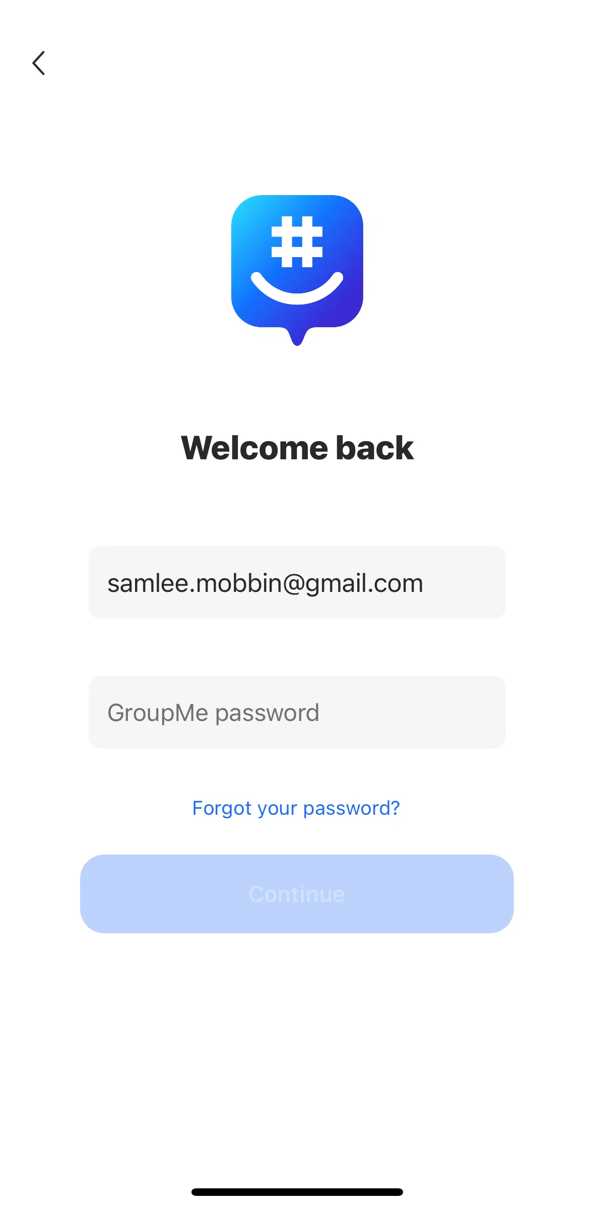 GroupMe Screen screen in the Resetting password flow