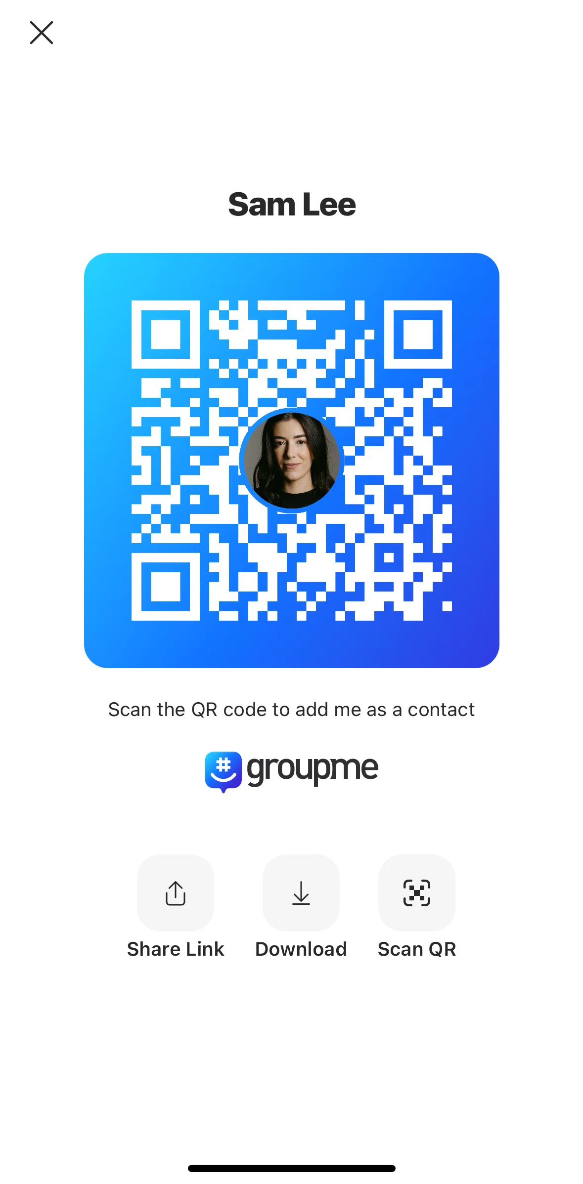 GroupMe Screen screen in the Share QR code flow