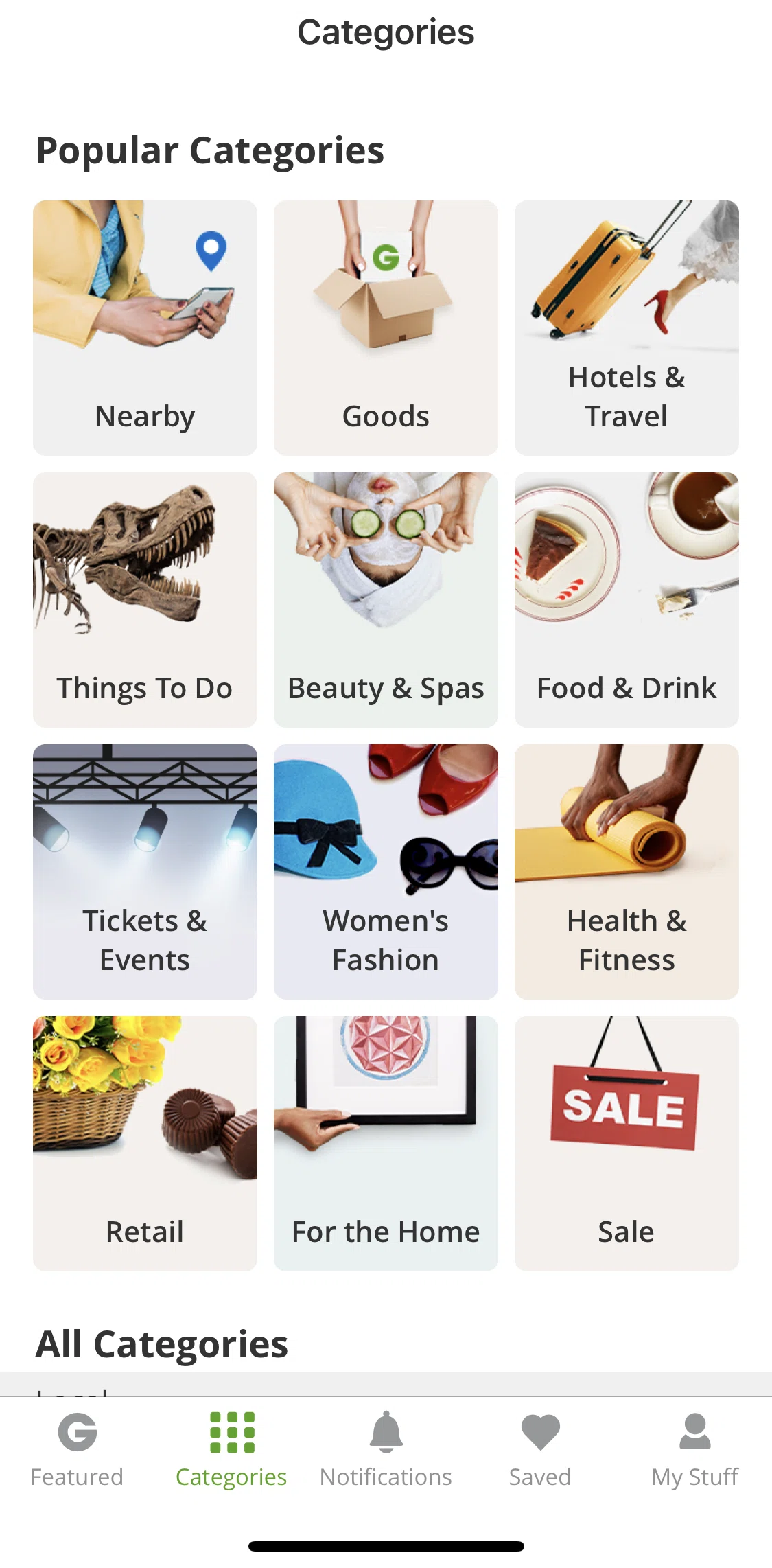 Groupon Screen screen in the Categories flow