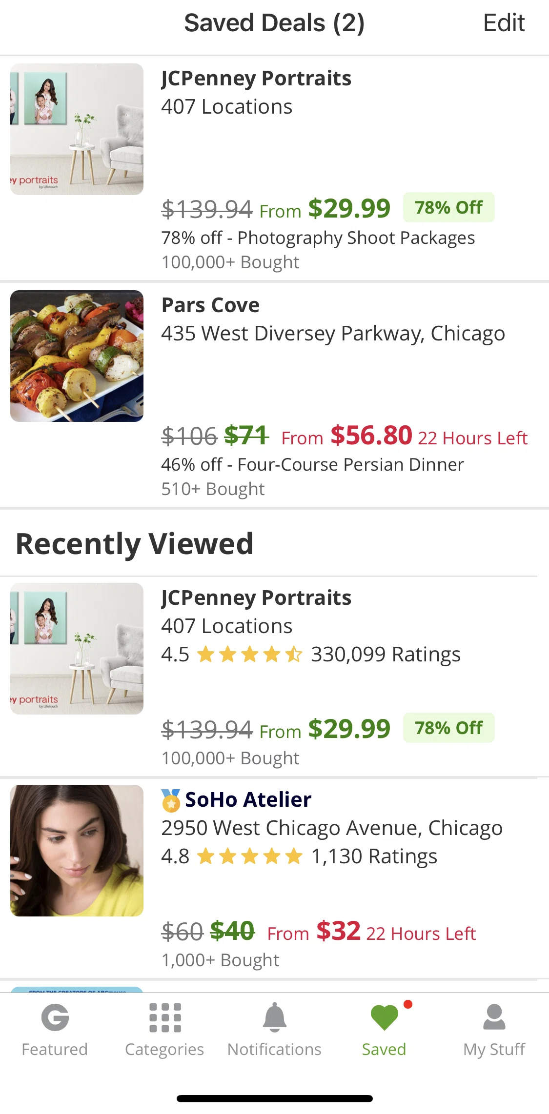 Groupon Screen screen in the Deleting a saved deal flow