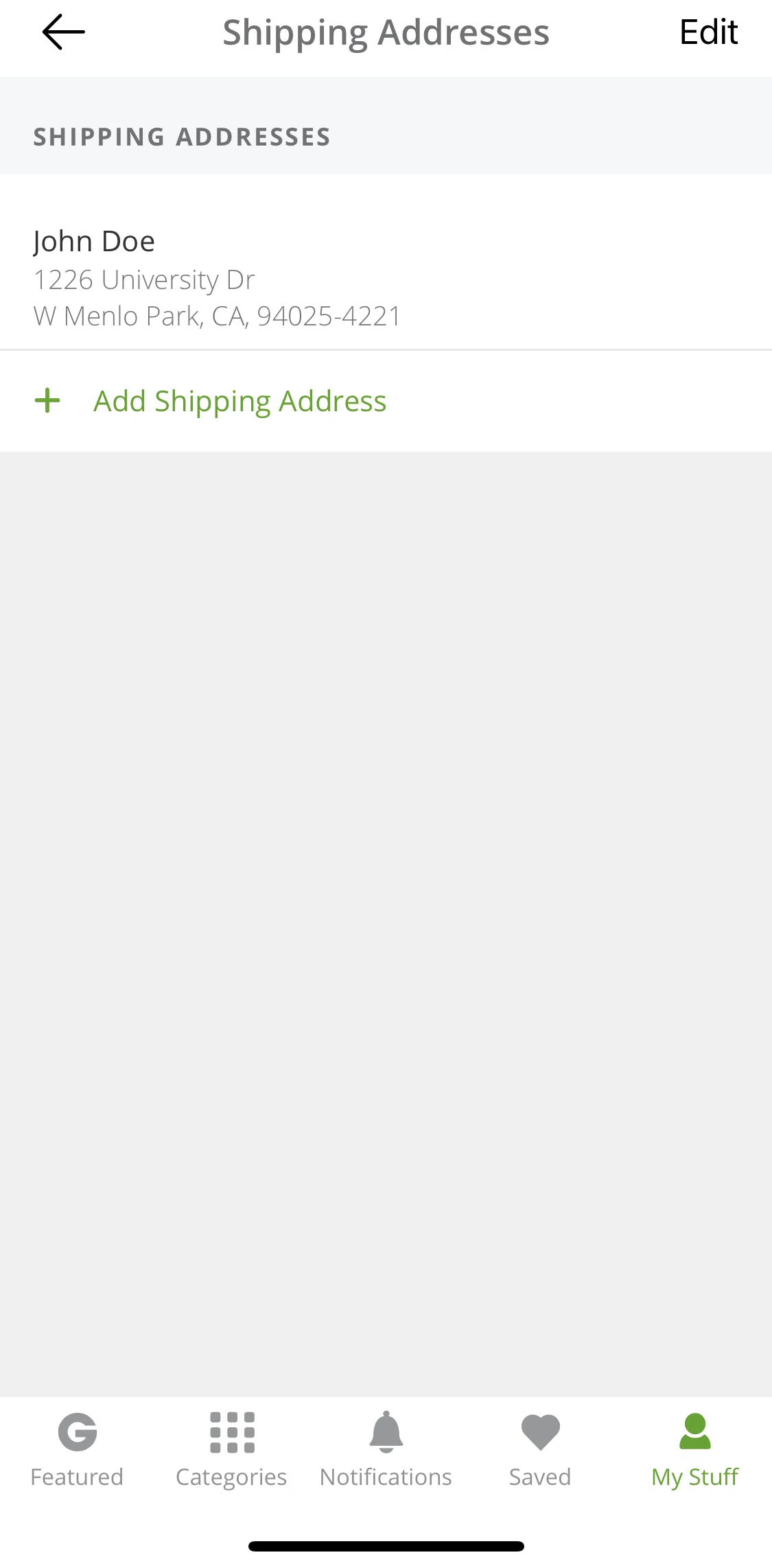 Groupon Screen screen in the Deleting a shipping address flow