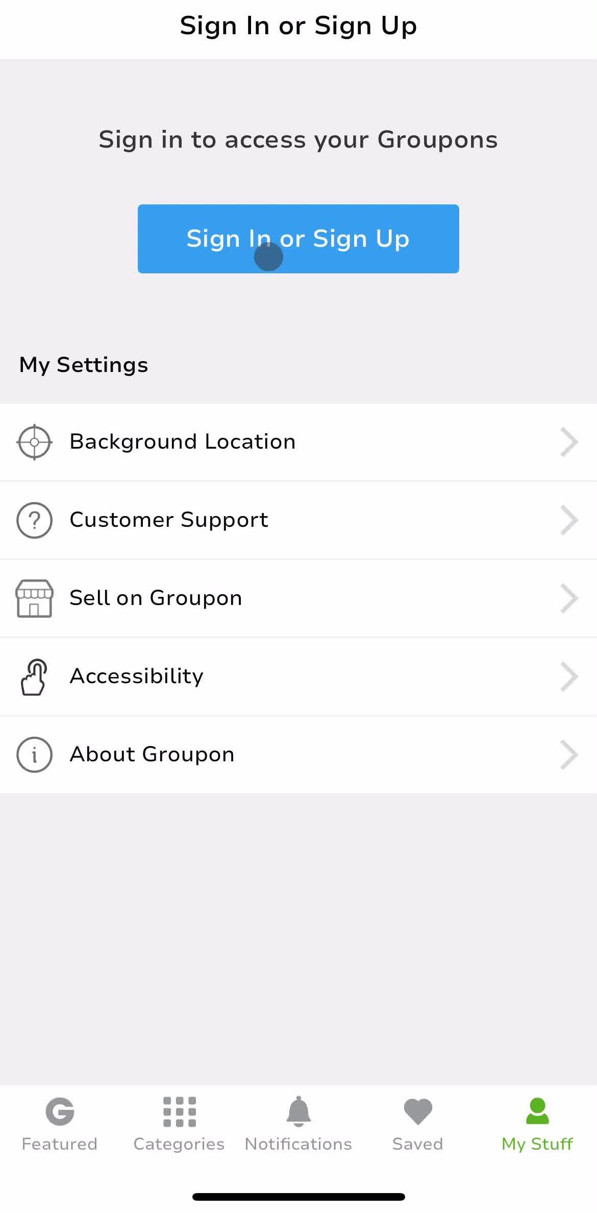 Groupon Sign in screen in the Logging In flow
