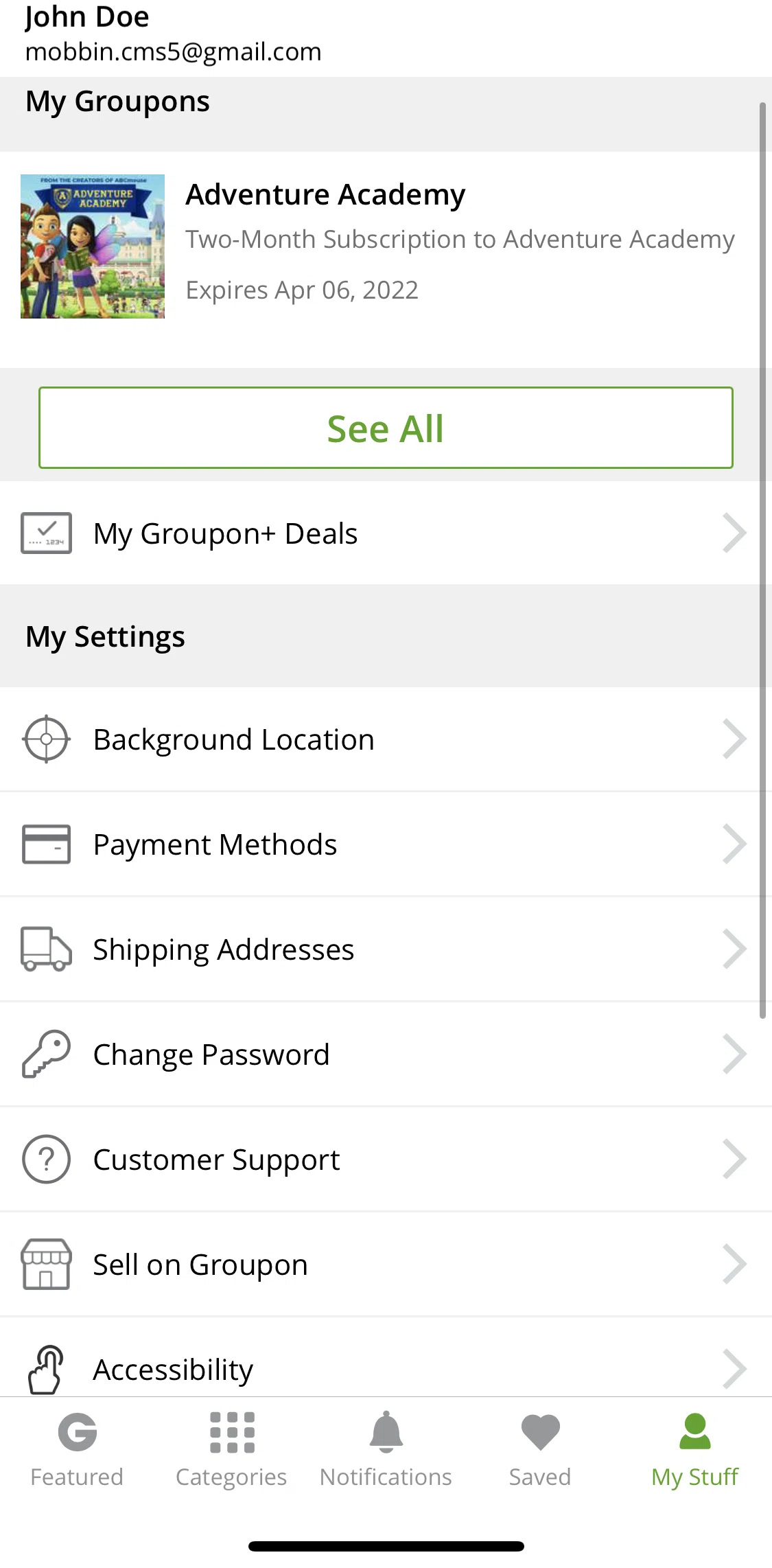 Groupon Screen screen in the My stuff flow