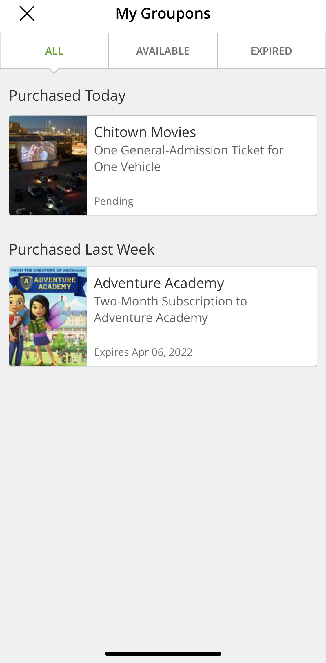 Groupon Screen screen in the Order detail flow