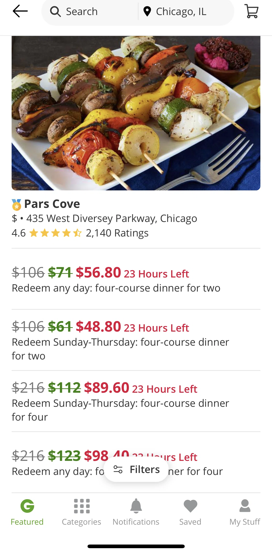 Groupon Screen screen in the Restaurant detail flow