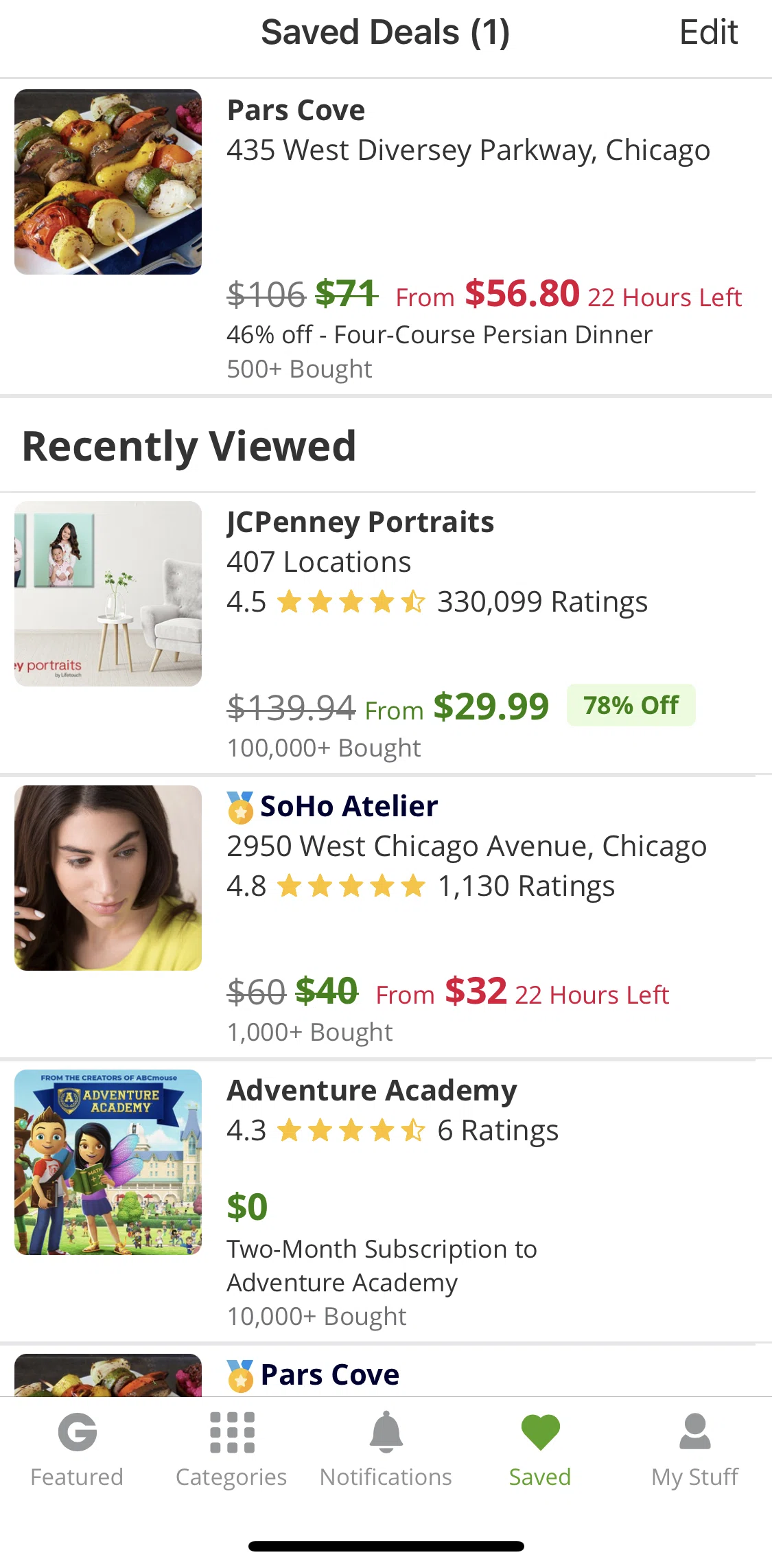 Groupon Screen screen in the Saved deals flow