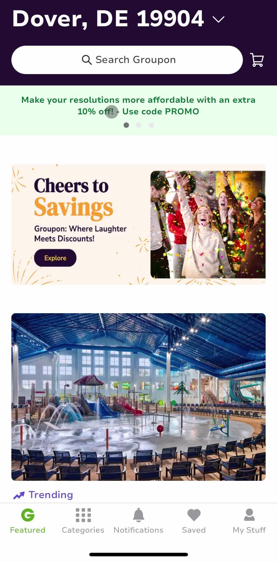 Groupon Home screen in the Saving flow