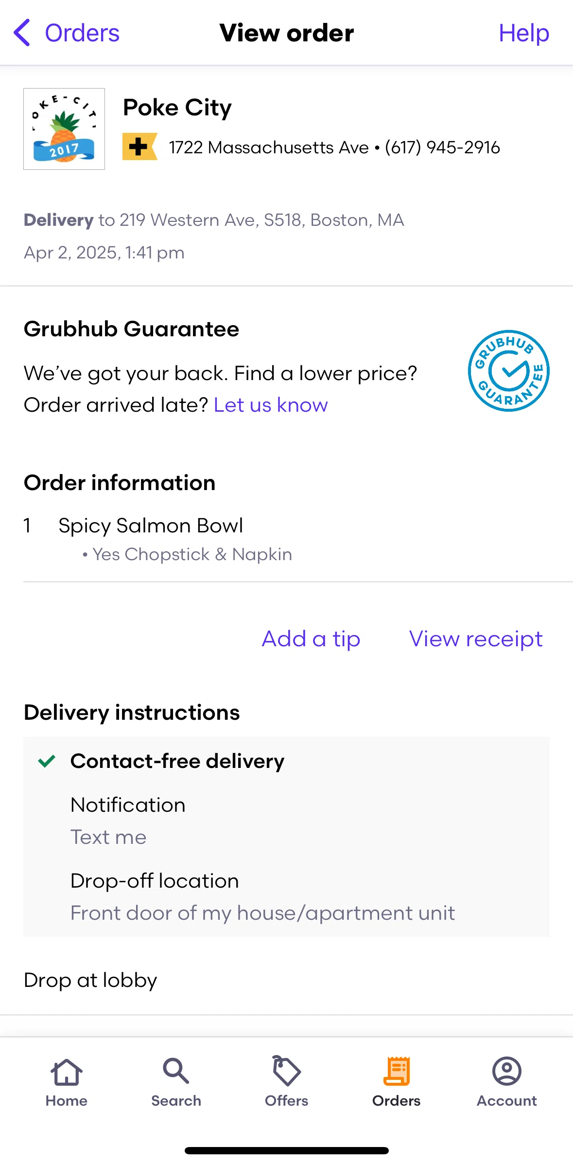 Grubhub Screen screen in the Applying for Grubhub guarantee perk flow