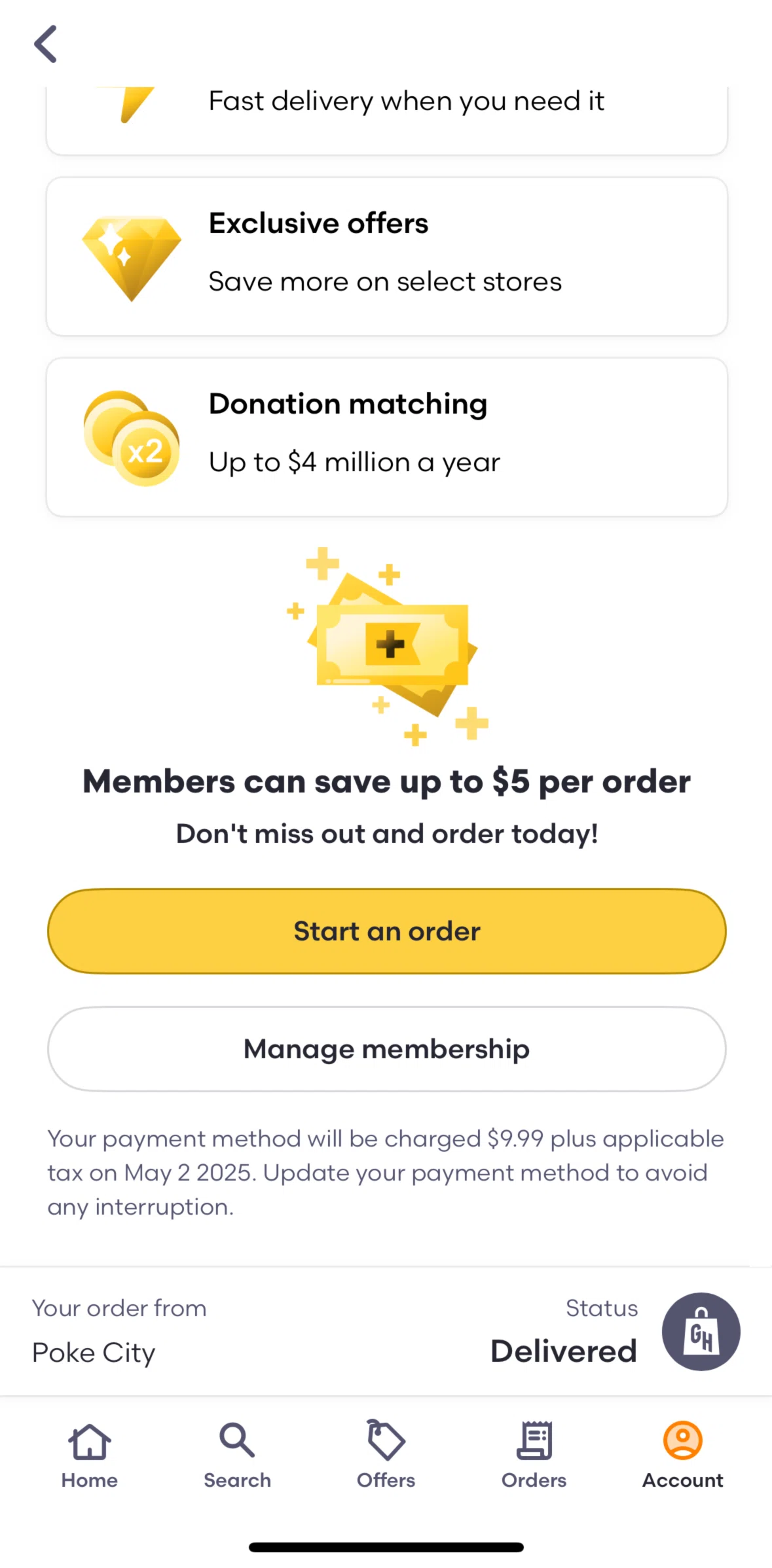 Grubhub Screen screen in the Canceling Grubhub+ membership flow