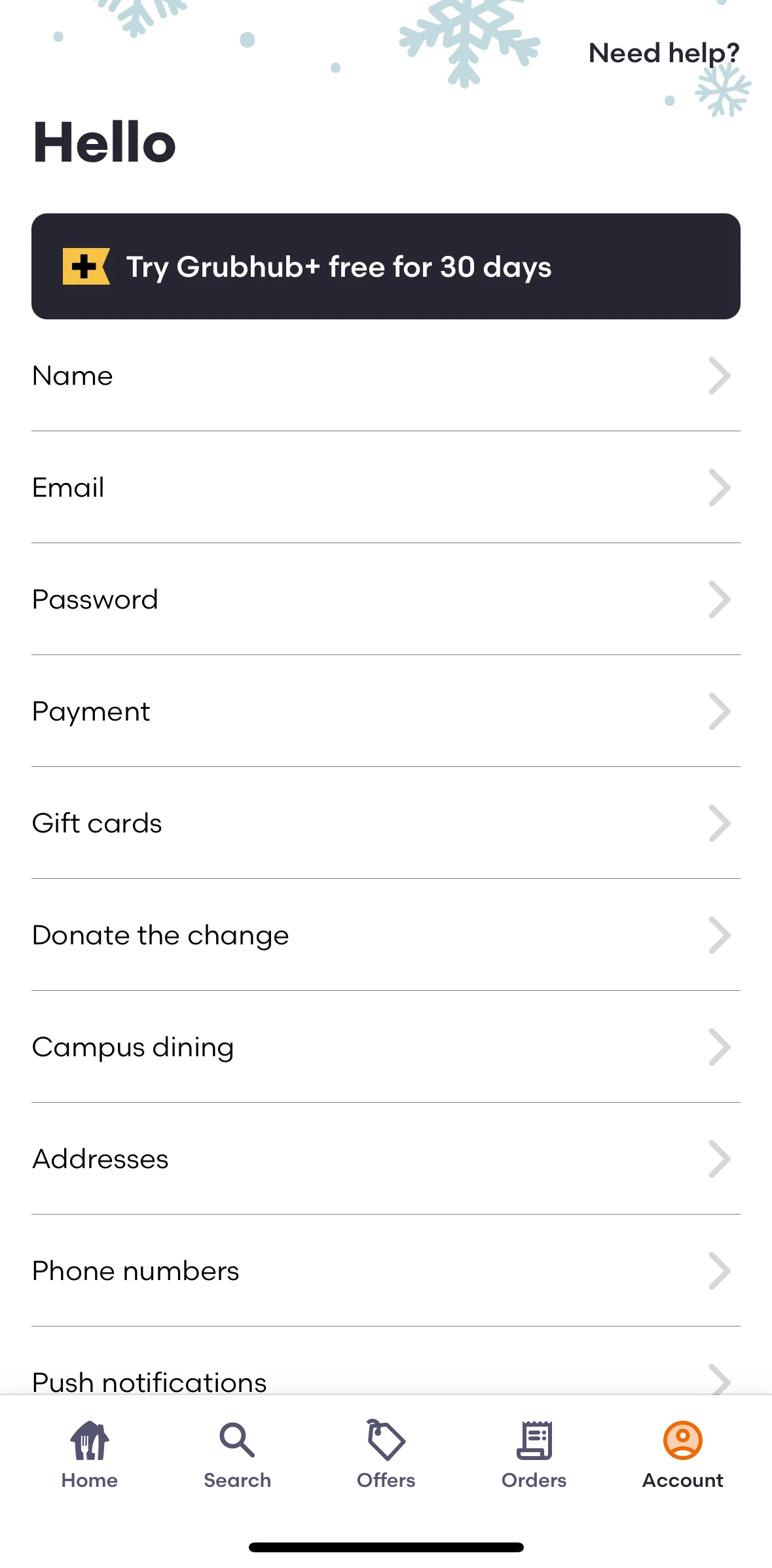 Grubhub Screen screen in the Changing push notifications flow