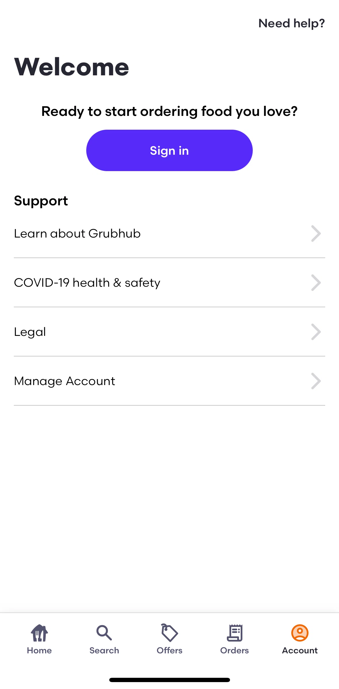 Grubhub Screen screen in the Logging in flow