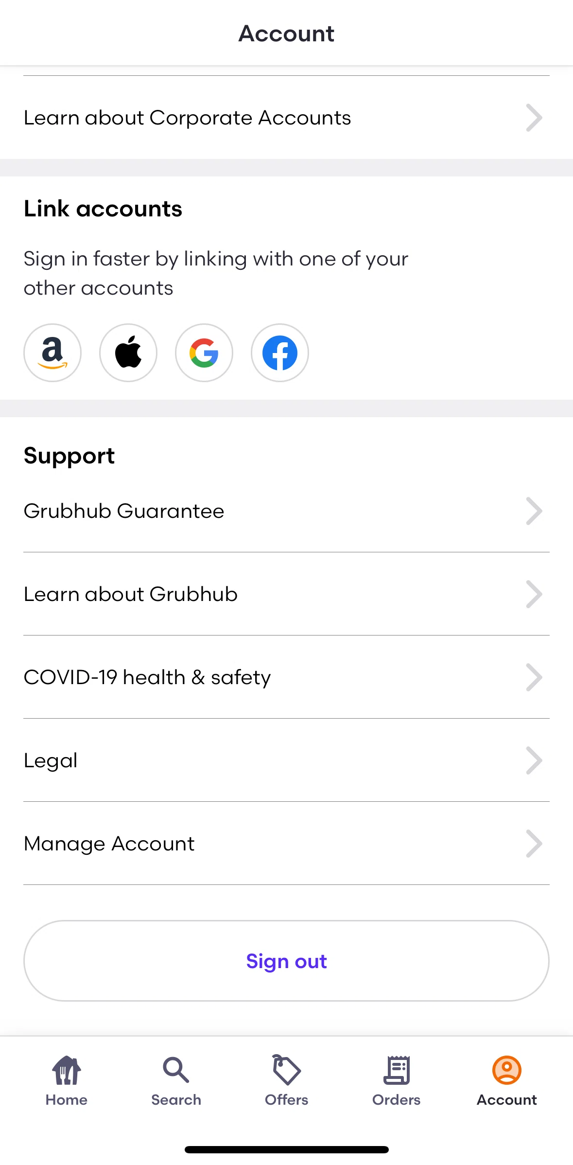 Grubhub Screen screen in the Logging out flow