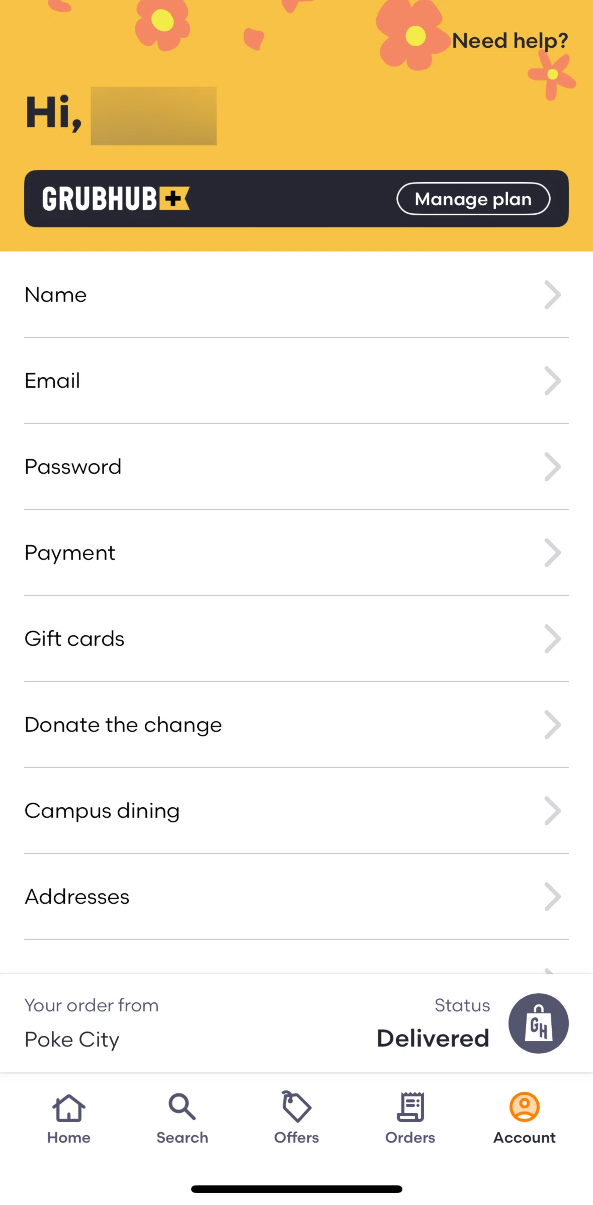 Grubhub Screen screen in the Manage Grubhub+ plan flow